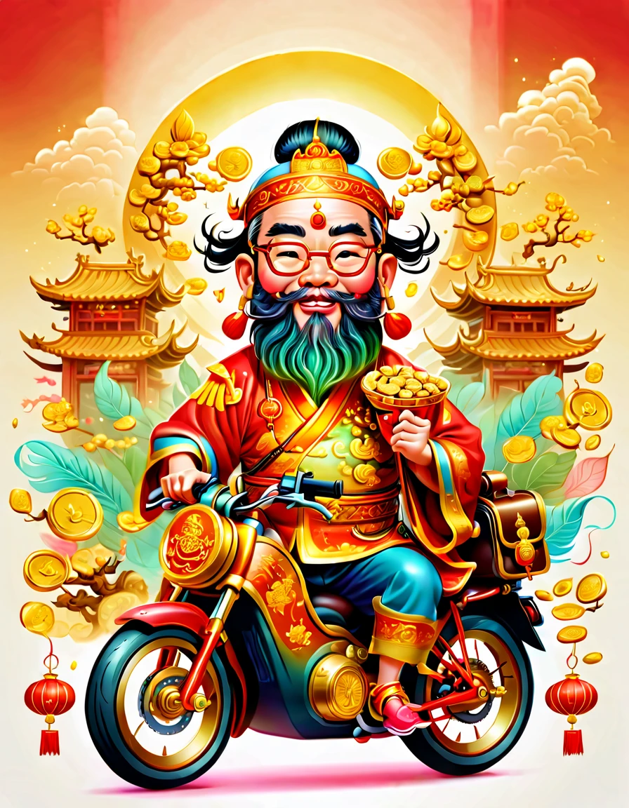 pixar style, (long shot: 1.8), (Chinese - chic Chinese mythological God of Wealth, anatomically correct, oriental elements), (A lovely God of Wealth,Riding an e-bike,Backpack packed with gold ingots,Treasures follow), (China - Stylish Illustration: 1.5, Vector Drawing: 1.5), (Chinese Colors, Advanced Color Matching, Gradient Background, White Background: 1.5), (Very Detailed, Well Designed, Clear Lines, High Definition, Best Quality, Masterpiece, Official Art, Cinematic Lighting Effects, 8K)