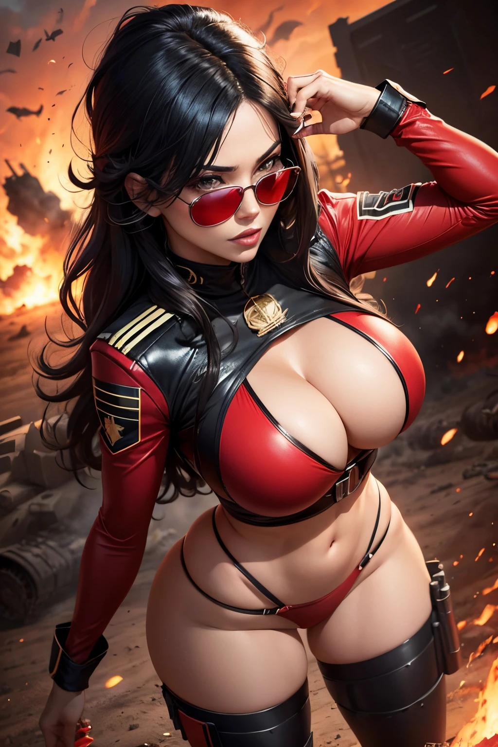 A MILF , The background is the battlefield,black hair color hair,Red sunglasses,Bright red tight combat uniform,microkini,Expose the lower half of the breast,Breast areola
