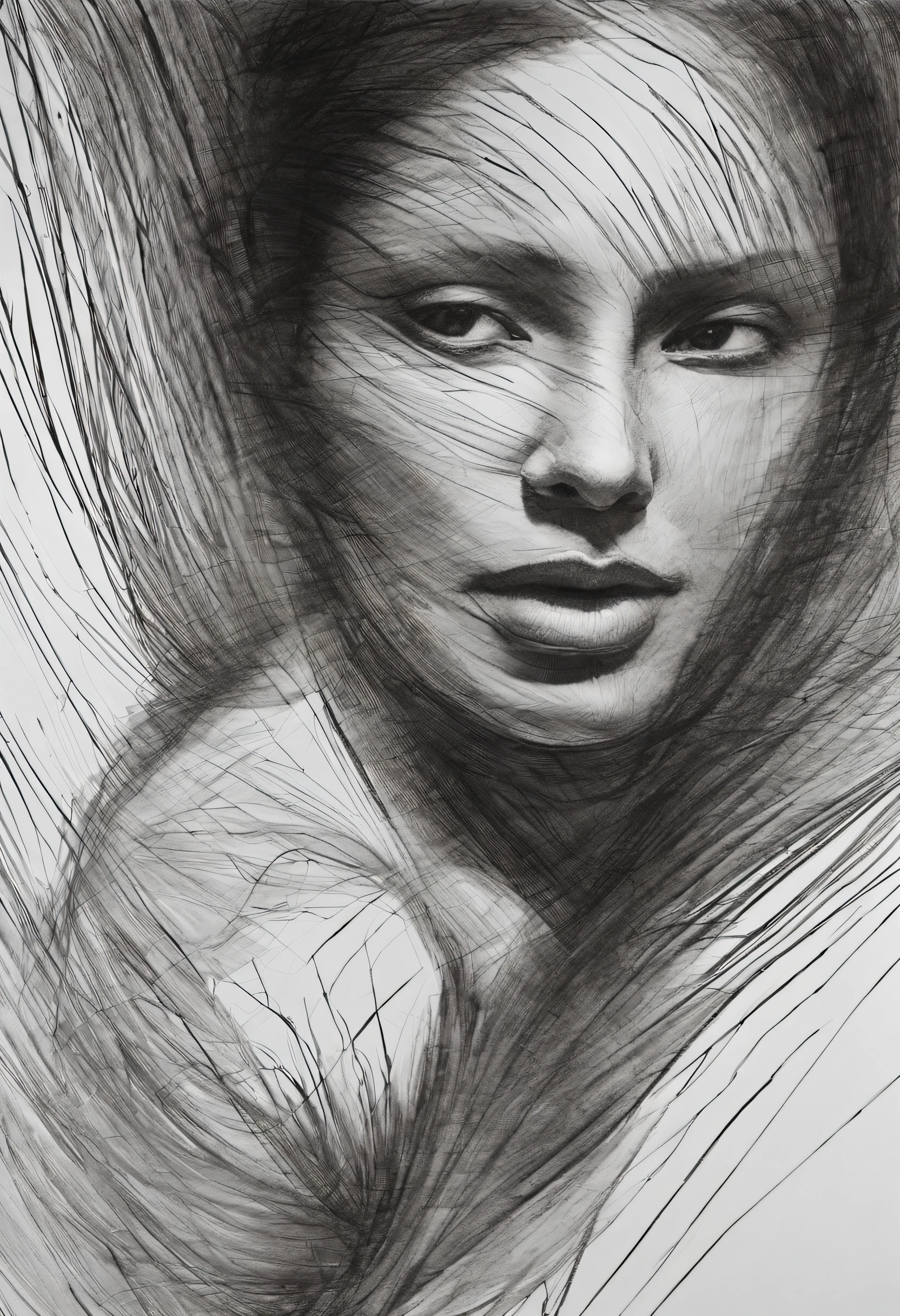 (detailed,sketch-like,line-work,precise:1.1),(black and white,monochrome,high contrast),(dynamic,fluid,moving:1.1),(creative interpretation,abstract,impressionistic),(fine pencil strokes,meticulous lines),(beautifullyoutlined:1.1),expressive,line art,emotive strokes,visual poetry,charcoal sketch,contour drawing,free-flowing,gestural strokes,raw,rough and refined,artfully composed,subtle shading and highlights,organic curves,structured angles,Elegant simplicity,symmetry and asymmetry,evocative shapes,playful and imaginative lines,unconventional compositions,poetic abstraction,hauntingly beautiful