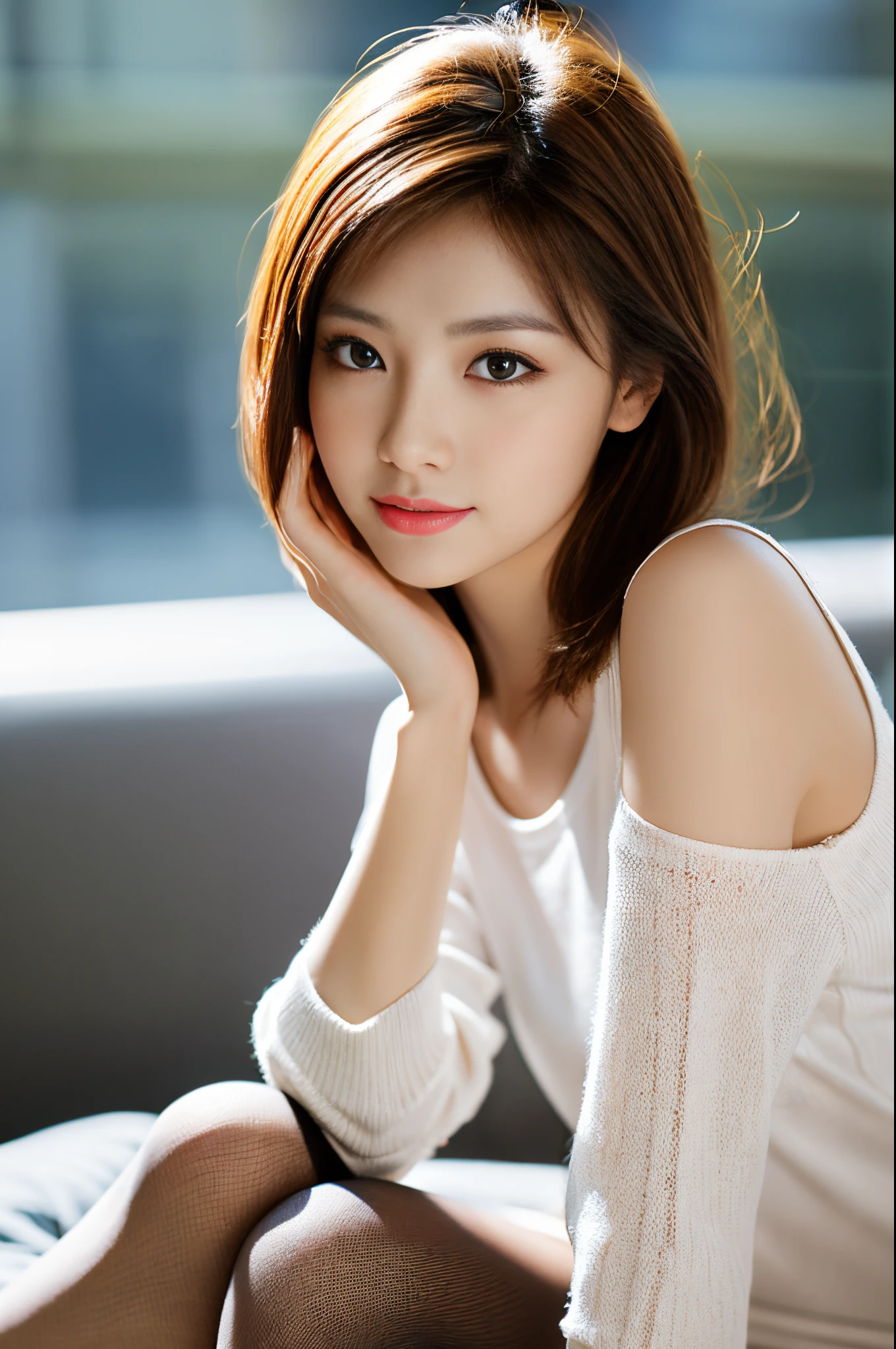 primitive, masutepiece, ultra fine photos, Best Quality, Ultra-high resolution, Realistic, Sunny, portrait of a full body, Amazing beauty, Dynamic Posture, Exquisiteface, Vibrant eyes, Very detailed background, Detailed face, Detailed tidy background, Gorgeous, High Detail Skin, Realistic skin details, Visible Pore, Clear focus, Volume Fog, 8K UHD, Digital SLR, High quality, film grains, Fair skin, Realism, ((Wear pantyhose：1.4))，pantiess、mesh sweater dress