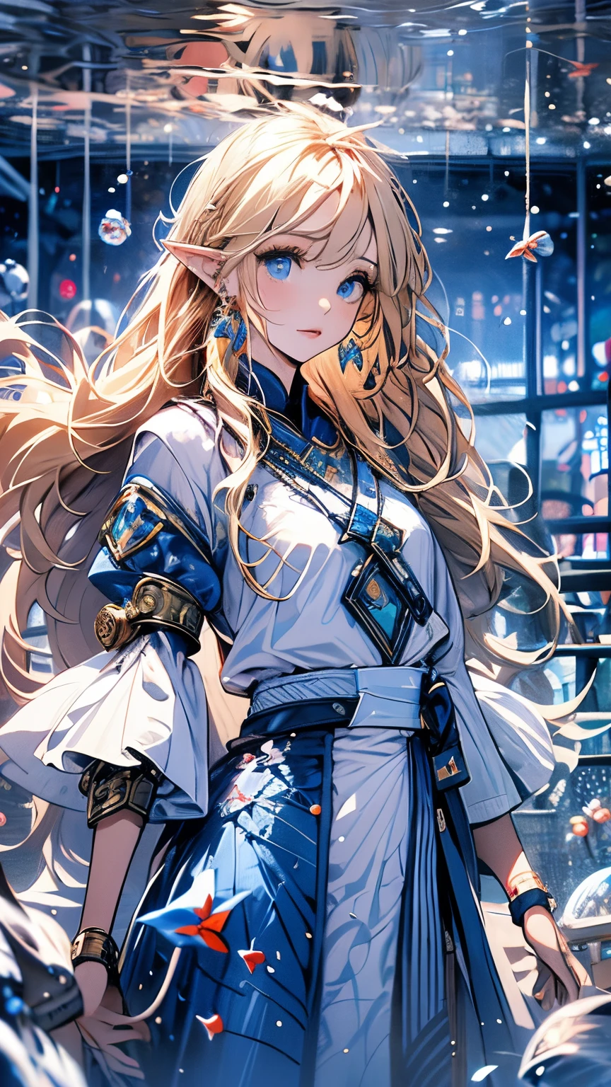 Buble,Rating:safety,air_bubble,under the water,1girll,The fish,long_hair,submerge,独奏,Eau,A princess,blond hairbl,short_sleeves,(Impresionismo:1.4),blue color eyes,elvish ears,zelda,jewely