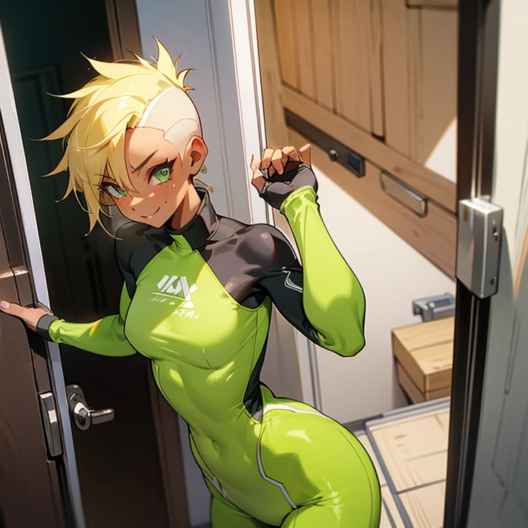 25 year old woman. very toned body. tanned skin. blonde. bright green eyes. mohawk haircut. dressed in workout rash guard. slightly sweaty. opening the door with a smile.