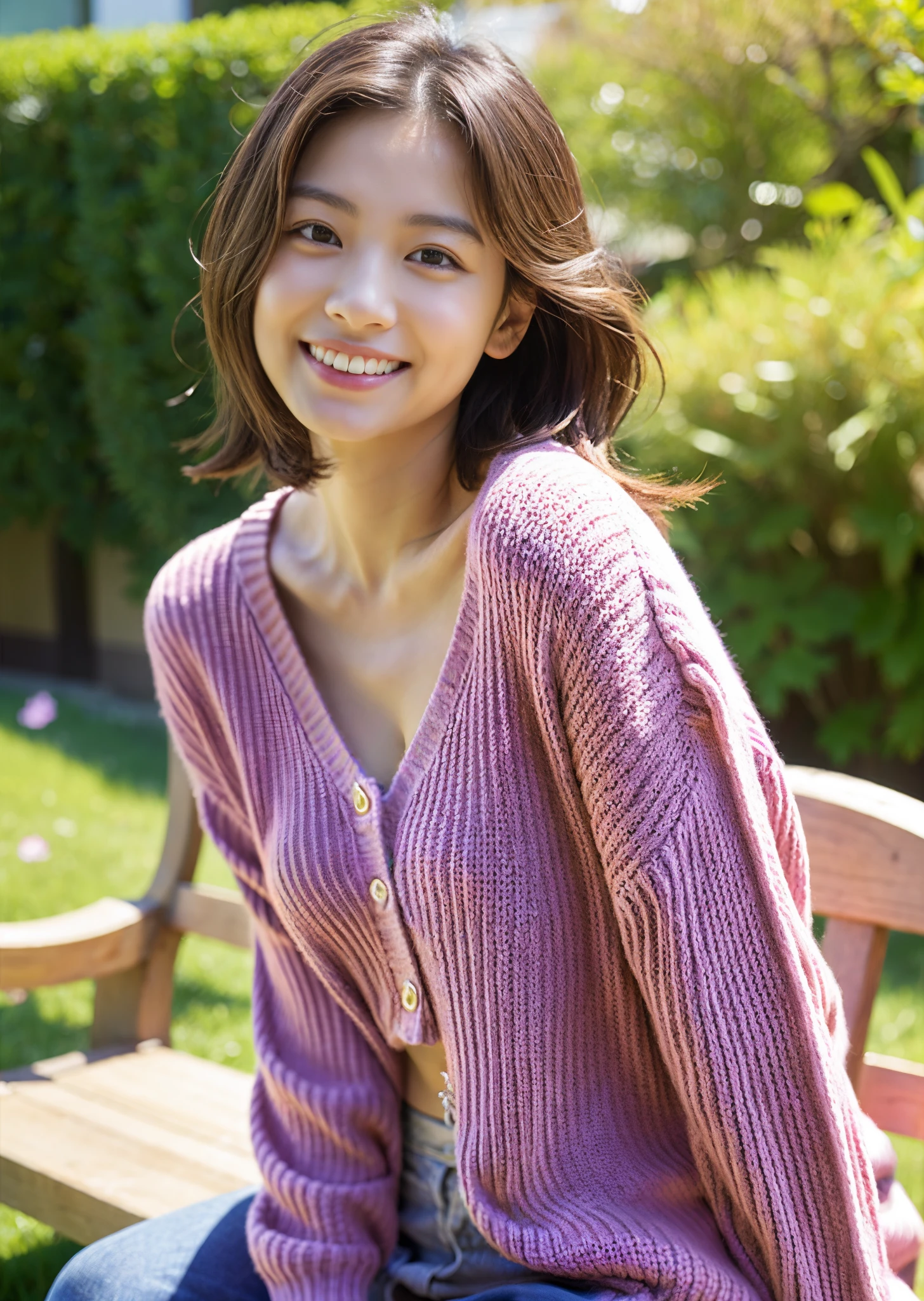女の子1人、top-quality、realisticlying、独奏、depth of fields、natural soft light、during daytime、enticing、beautiful countenance、clean、Pure face、de pele branca、kawaii、Light brown hair、Wavy shorthair、livingroom、flat breast、tiny chest、barechested、full body Esbian、((Navy blue sweater、beautiful countenance))、relaxed smile