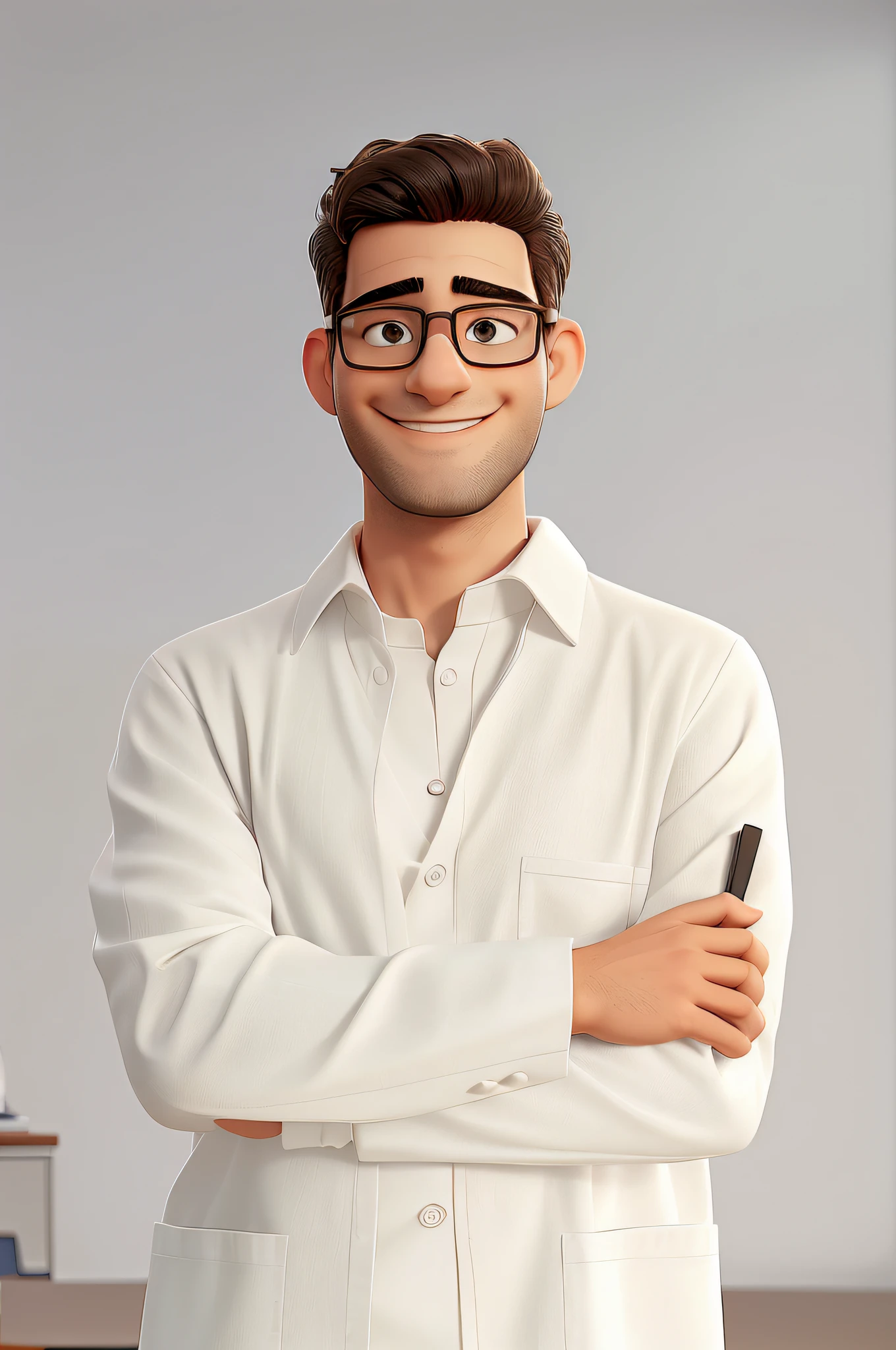 smiling man in glasses and a white shirt standing with his arms crossed, jewish young man with glasses, man with glasses, wearing lab coat and glasses, wearing white suit and glasses, wearing small round glasses, standing in class, slight nerdy smile, a photo of a man, photo of a man, in a classroom, wearing a white button up shirt