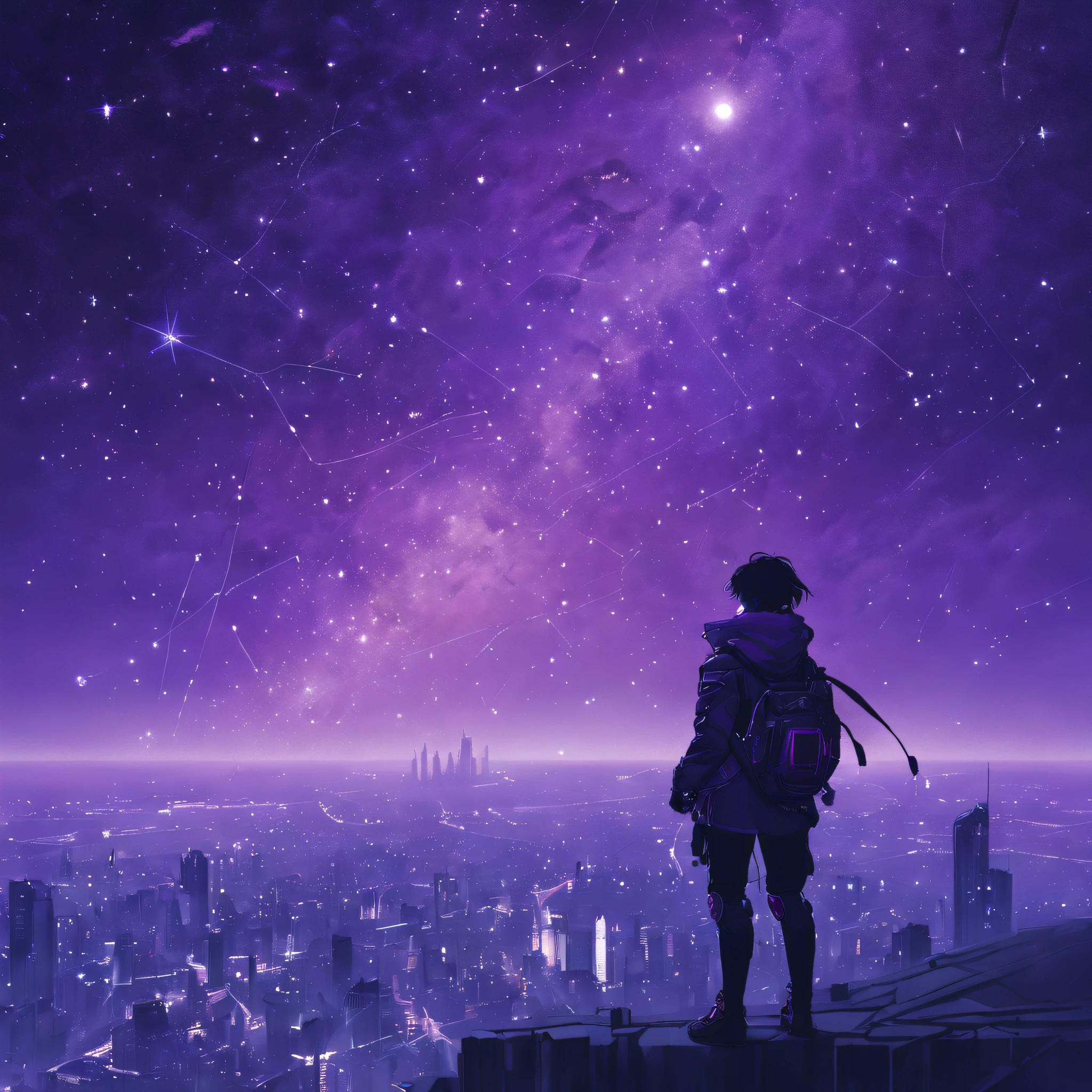 Starry sky and zodiac constellations, The purple hue is like a nebula, Vast space, The city at the bottom of cyberpunk,