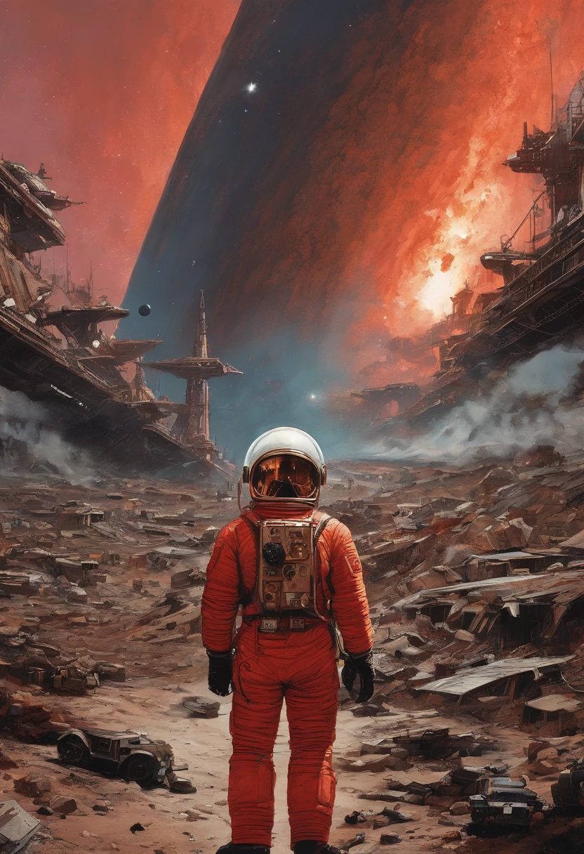 spaceships、Katsuhiro Otomo's painting style、Desolate stars々、Red burnt sky、Destroyed buildings、man looking for space suit、Giant Fighter