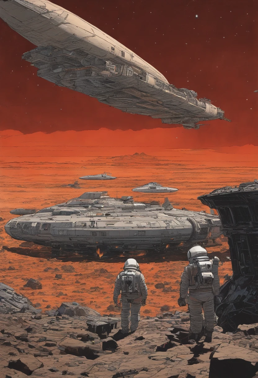 spaceships、Katsuhiro Otomo's painting style、Desolate stars々、Red burnt sky、Destroyed buildings、man looking for space suit、Giant Fighter