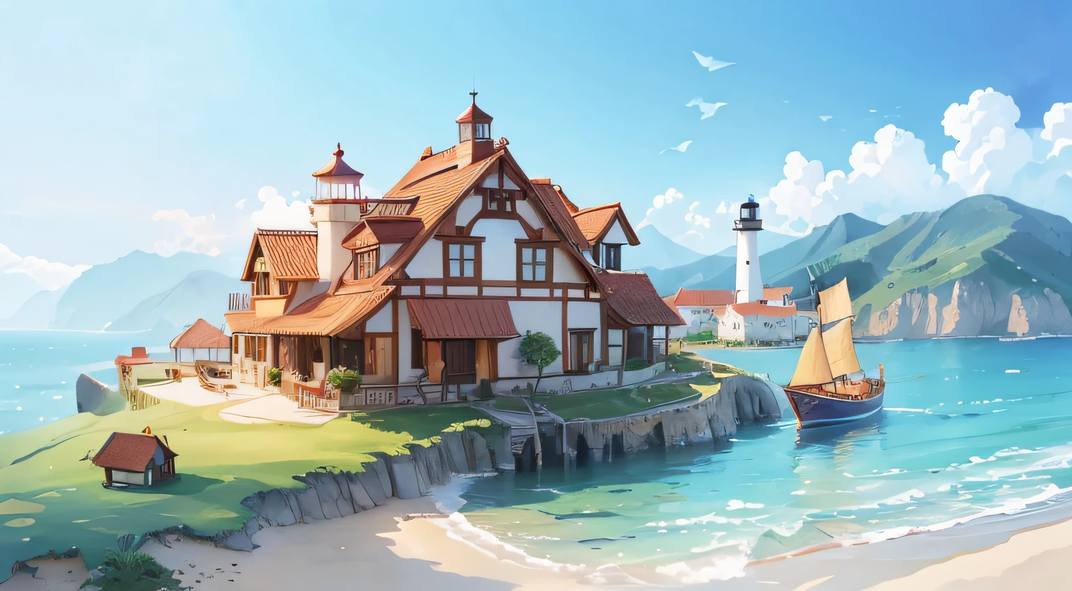 ((Coloring book illustration)), Ocean Fantasy, Watercolor illustration, Whimsical, a warm color palette, villages, house, Huge lighthouse, ((tmasterpiece)), highly detailed environments