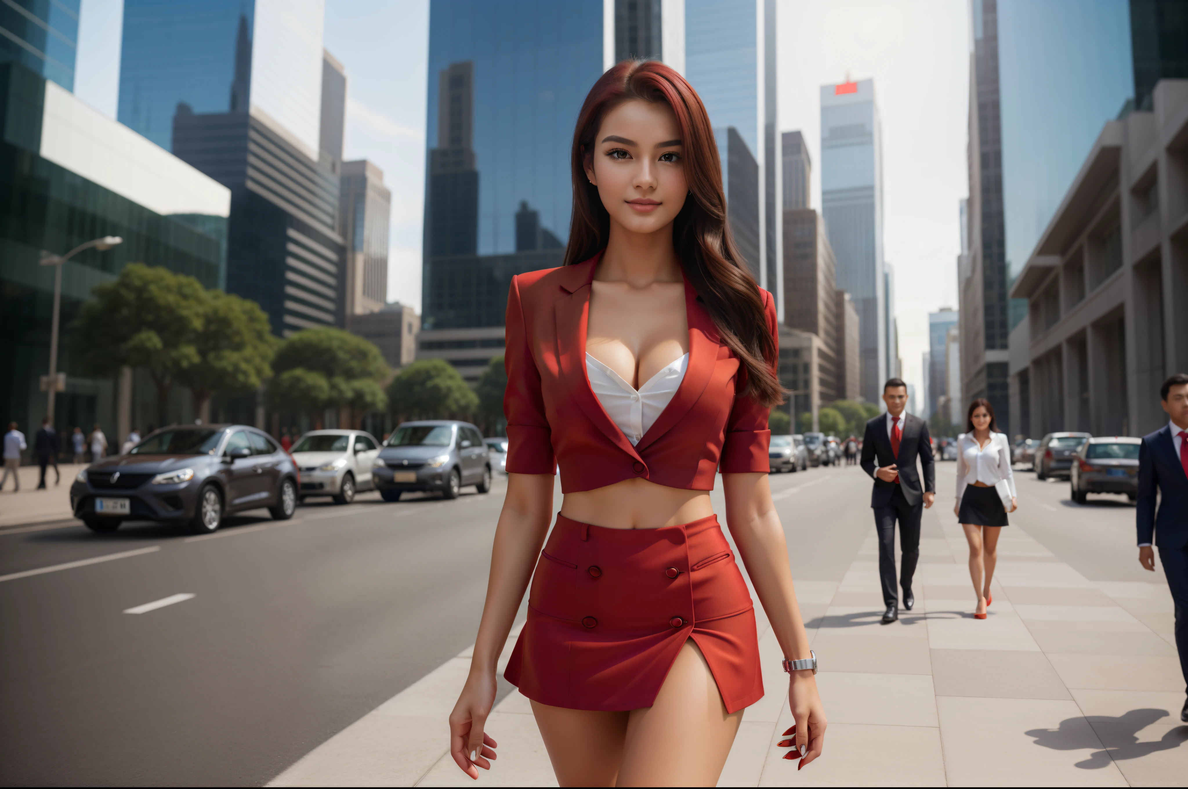 A girl in a business outfit walking alone confidently in a busy city street, surrounded by tall glass buildings and bustling with people. she is (18years old),[her face is combination of (((irene1:1.2))) and (((Excella_er5:1.2)))],(sharp focus:1.5),beautiful detailed eyes,beautiful detailed lips,extremely detailed eyes and face,long eyelashes,gorgeous girl,feminine charm,pearl skin,(skin pores:1.1),extremely detailed face and skin texture,(skin texture:1.1),dark-black hair,soft and smooth hair,tall and slender body,(192cm tall),thin and delicate figure,graceful posture,strong and defined muscles,flawless skin,defined abs,perfect curves,feminine appearance,beautiful long legs,embodying elegance and beauty,happy expression,full-smile,seductive eyes and sensual lips,(large breasts,cleavage breasts),((wearing a (red:1.4) business-suit:1.4)),((ultra-short (red:1.4) miniskirt:1.4)), exuding professionalism and determination. She walks with poise and a purposeful stride. The scene is enhanced with studio lighting, bringing out the vibrant colors of the city. The image quality is of the best quality, with ultra-detailed features and a realistic, photorealistic touch. The overall color tone is modern and sleek, with a slight cool undertone to reflect the urban environment. The lighting showcases the sharp focus on the girl, casting shadows that add depth and dimension to the scene.

Additional details can include the girl carrying a stylish briefcase. The background can include other business individuals in suits, busy traffic, and skyscrapers stretching towards the sky. The art style can be a blend of concept art and photography, combining the corporate world with creativity.