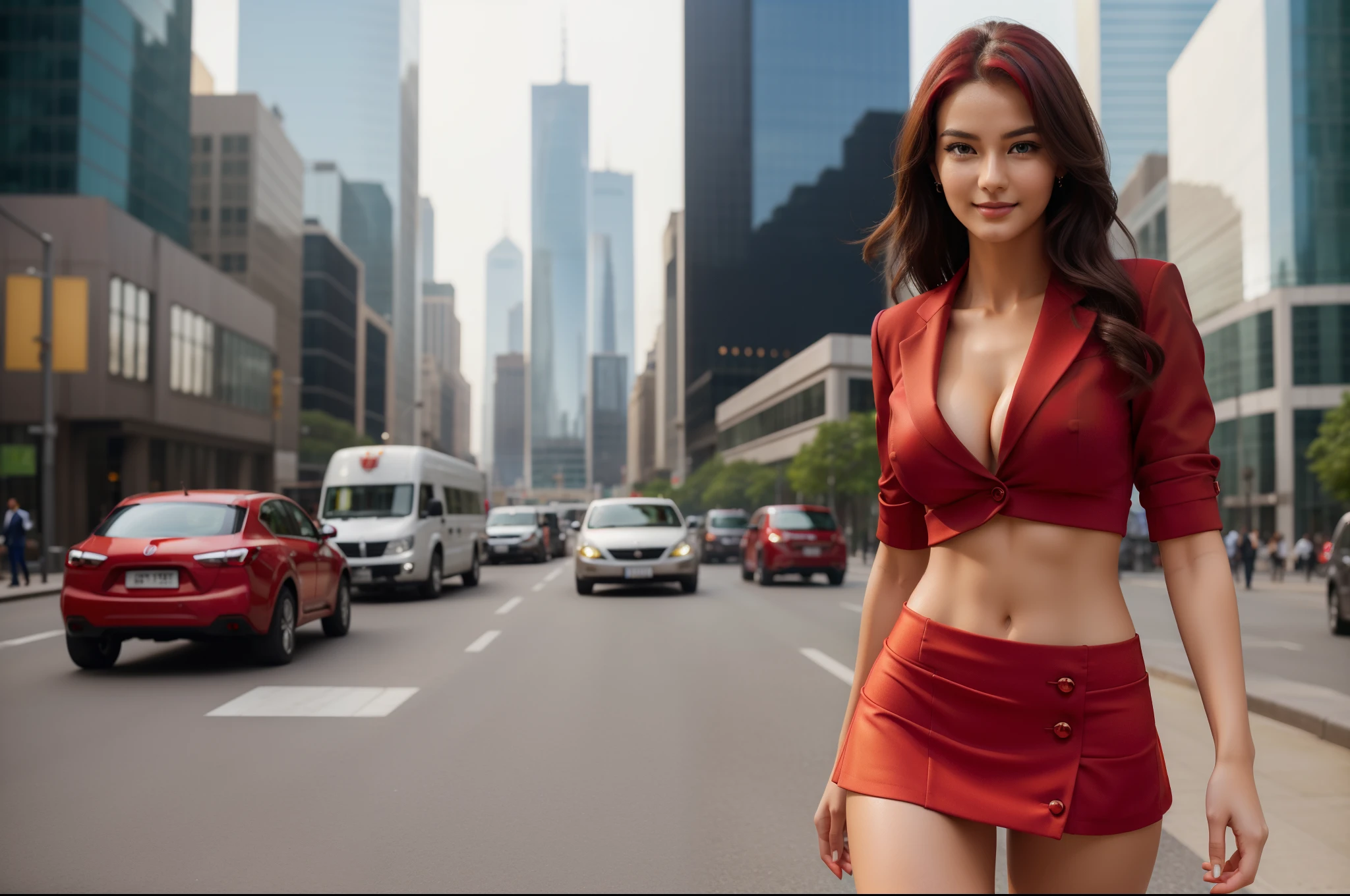 A girl in a business outfit walking alone confidently in a busy city street, surrounded by tall glass buildings and bustling with people. she is (18years old),[her face is combination of (((irene1:1.2))) and (((Excella_er5:1.2)))],(sharp focus:1.5),beautiful detailed eyes,beautiful detailed lips,extremely detailed eyes and face,long eyelashes,gorgeous girl,feminine charm,pearl skin,(skin pores:1.1),extremely detailed face and skin texture,(skin texture:1.1),dark-black hair,soft and smooth hair,tall and slender body,(192cm tall),thin and delicate figure,graceful posture,strong and defined muscles,flawless skin,defined abs,perfect curves,feminine appearance,beautiful long legs,embodying elegance and beauty,happy expression,full-smile,seductive eyes and sensual lips,(large breasts,cleavage breasts),((wearing a (red:1.4) business-suit:1.4)),((ultra-short (red:1.4) miniskirt:1.4)), exuding professionalism and determination. She walks with poise and a purposeful stride. The scene is enhanced with studio lighting, bringing out the vibrant colors of the city. The image quality is of the best quality, with ultra-detailed features and a realistic, photorealistic touch. The overall color tone is modern and sleek, with a slight cool undertone to reflect the urban environment. The lighting showcases the sharp focus on the girl, casting shadows that add depth and dimension to the scene.

Additional details can include the girl carrying a stylish briefcase. The background can include other business individuals in suits, busy traffic, and skyscrapers stretching towards the sky. The art style can be a blend of concept art and photography, combining the corporate world with creativity.