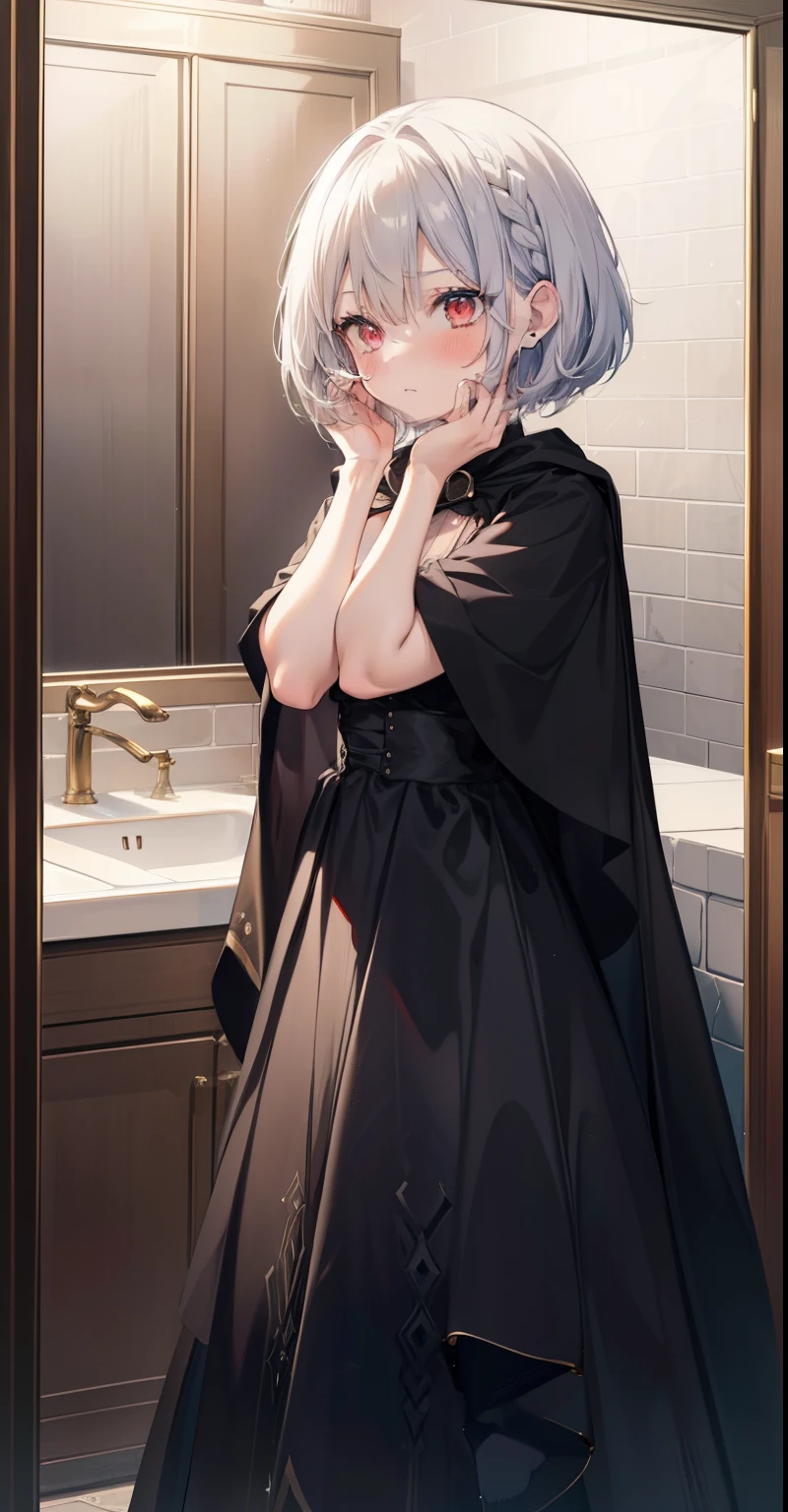 ((putting both hands on her face)), ((surprised)), (Looking straight ahead)), (blushing), 1 girl, Eleven, silver hair, red eyes, braided hair, bob cut, fantasy style costume, wizard, ruffles, dress, long skirt, tights, black cape, sink, bathroom, mirror, concept art, beautiful anime scene, beautiful anime scenery, best quality, ((masterpiece))
