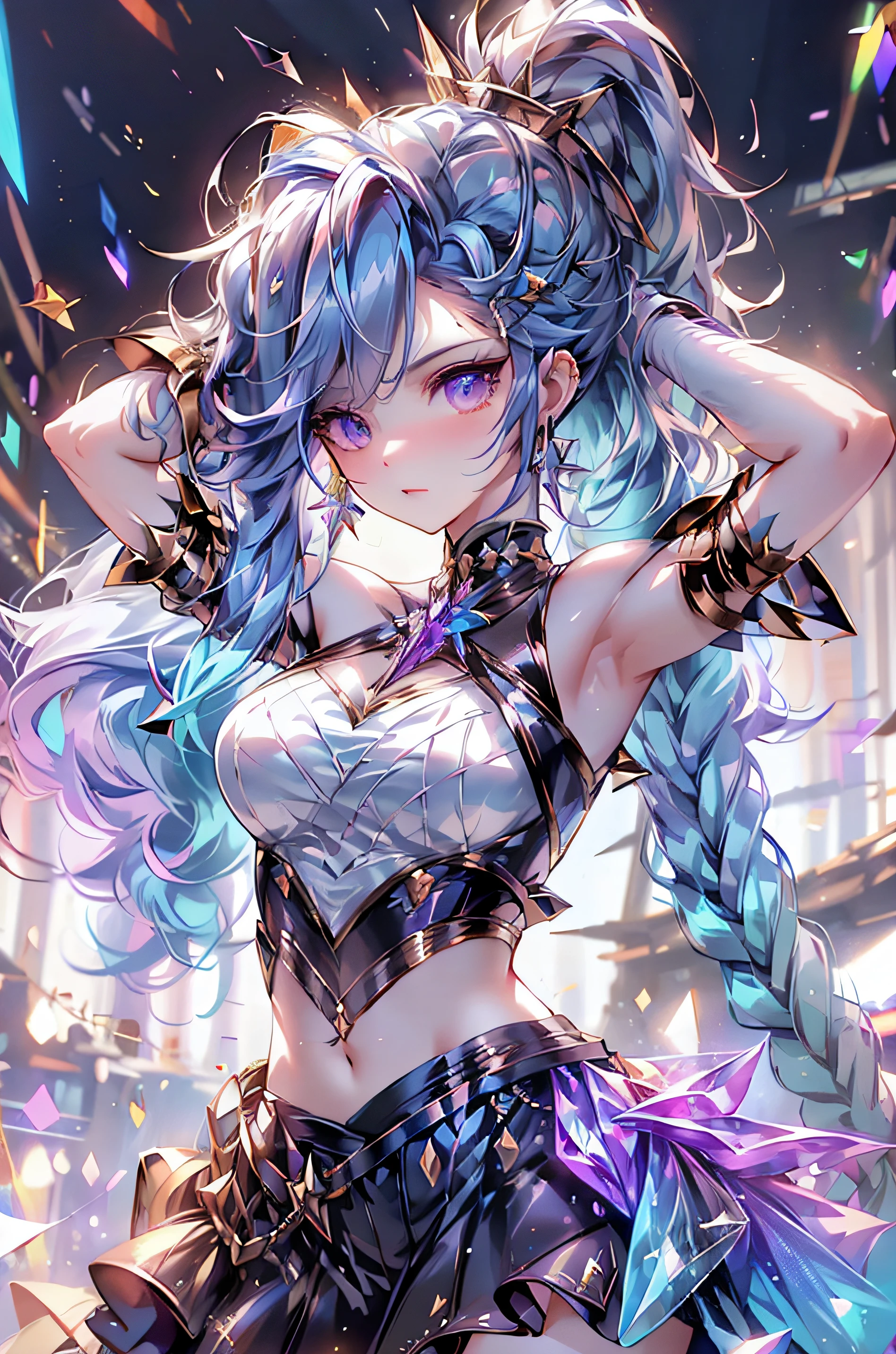 braided ponytail, Skirt, hair bow, Refined, amber eyes, tints, Busts, Natural light, Hyperrealism, Sky garden, Rainbow, Chiffon Texture, Elemental Release, Medium Shot, manga, watercolor, 16K Resolution, 8K Resolution, Ultra-high Clarity, Clear Presentation, Detail Expression, Fine Model