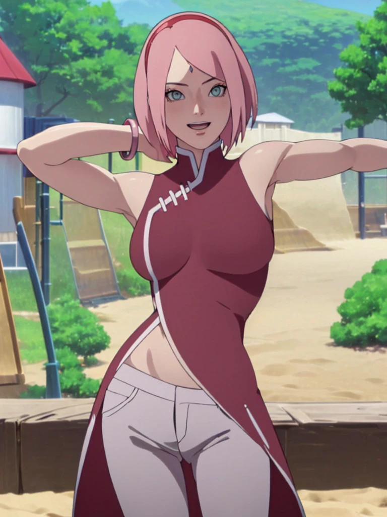 masterpiece, 4k, portrait, cowboy shot, (PLAYGROUND BACKGROUND), professional artwork, intricate details, colorful, digital blending, (ultra detailed body, ultra detail hair, ultra detail face), trending on pixiv, kind smile, best quality, anime style: 1.9, 1girl, hires, haruno sakura, (forehead mark, milf, red hairband, pale skin, (small breasts), short hair, ((red sleeveless dress), white pants), ((navel, belly button), slender body, slender belly, bracelet, pink hair, open mouth, big eyes), smile, beach, wind, floating hair, detailed arms, off-shoulders, broad shoulders, (((both) hands spreading to both sides)), fancy couch, relaxing, laying, talking, looking at the viewer))), (((flexing))), (((ultra detailed arms)))). (((curvy: 1.2)))