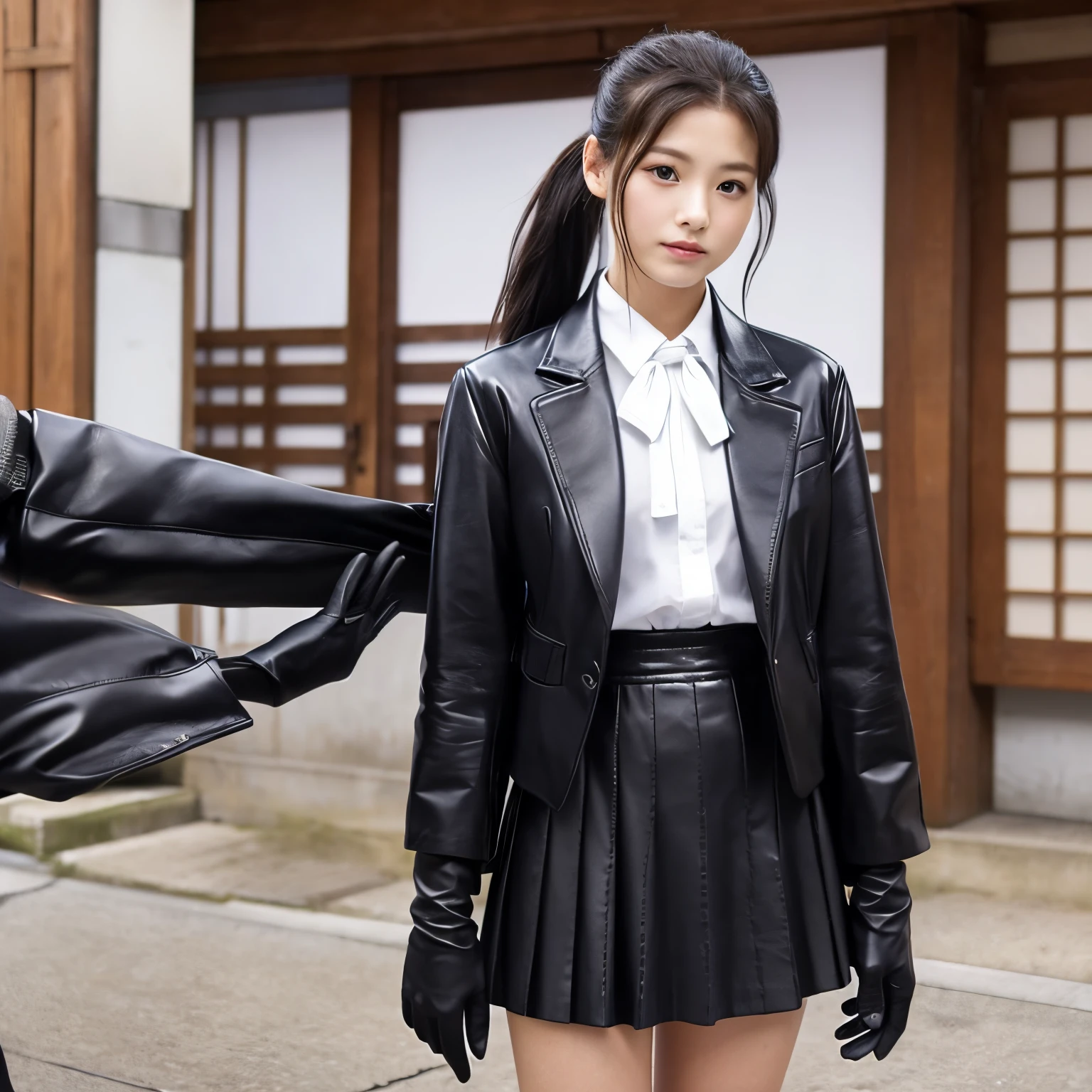 single blazer、Best Singles、bow ribbon、The shirt、pleatedskirt、Black leather long boots、Japanese high school  girl((He wears black leather gloves on both hands、Black hair ponytail、Japanese high school  girl))