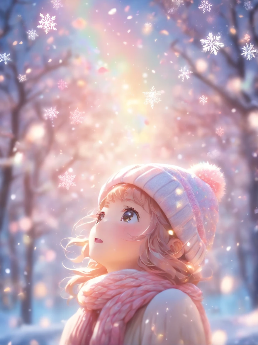 wearing a pink knitted hat,Looking up at the sky,Snowflakes and stars on pink and blue background, Ayako Rokkaku'pastels, Tumbler, holography, light snowing, pastel faded effect, snowy background, light snowing, background is heavenly, Dancing snowflakes, Snowflower, Gentle background, Background pastels, Shining snow, Snowflower, bokeh rainbow accent, snowflakes falling, magical background