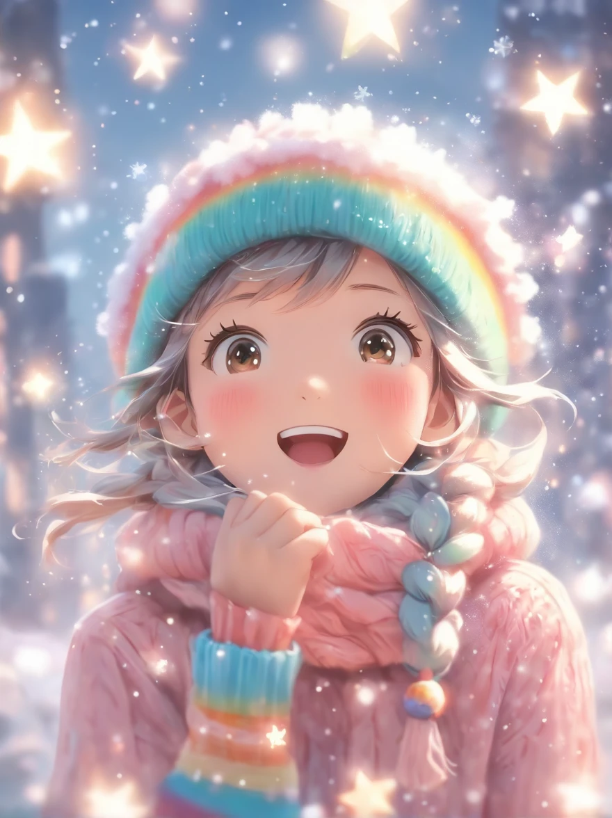 wearing a pink knitted hat,Looking up at the sky,Snowflakes and stars on pink and blue background, Ayako Rokkaku'pastels, Tumbler, holography, light snowing, pastel faded effect, snowy background, light snowing, background is heavenly, Dancing snowflakes, Snowflower, Gentle background, Background pastels, Shining snow, Snowflower, bokeh rainbow accent, snowflakes falling, magical background
