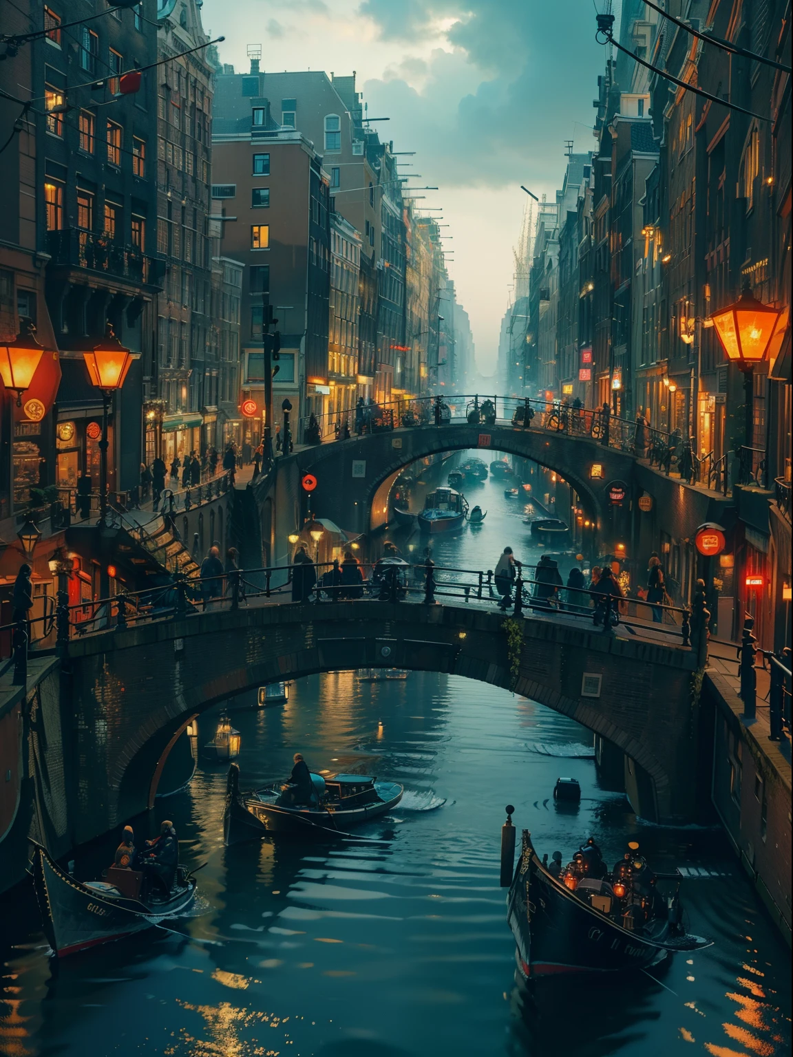 the bustling streets of Amsterdam at night. The city is glistening with lights, and the canals are reflecting the vibrant colors of the surrounding building, the crowded sidewalks, cyberpunk futuristic , raining, neon lights, 8K, UHD