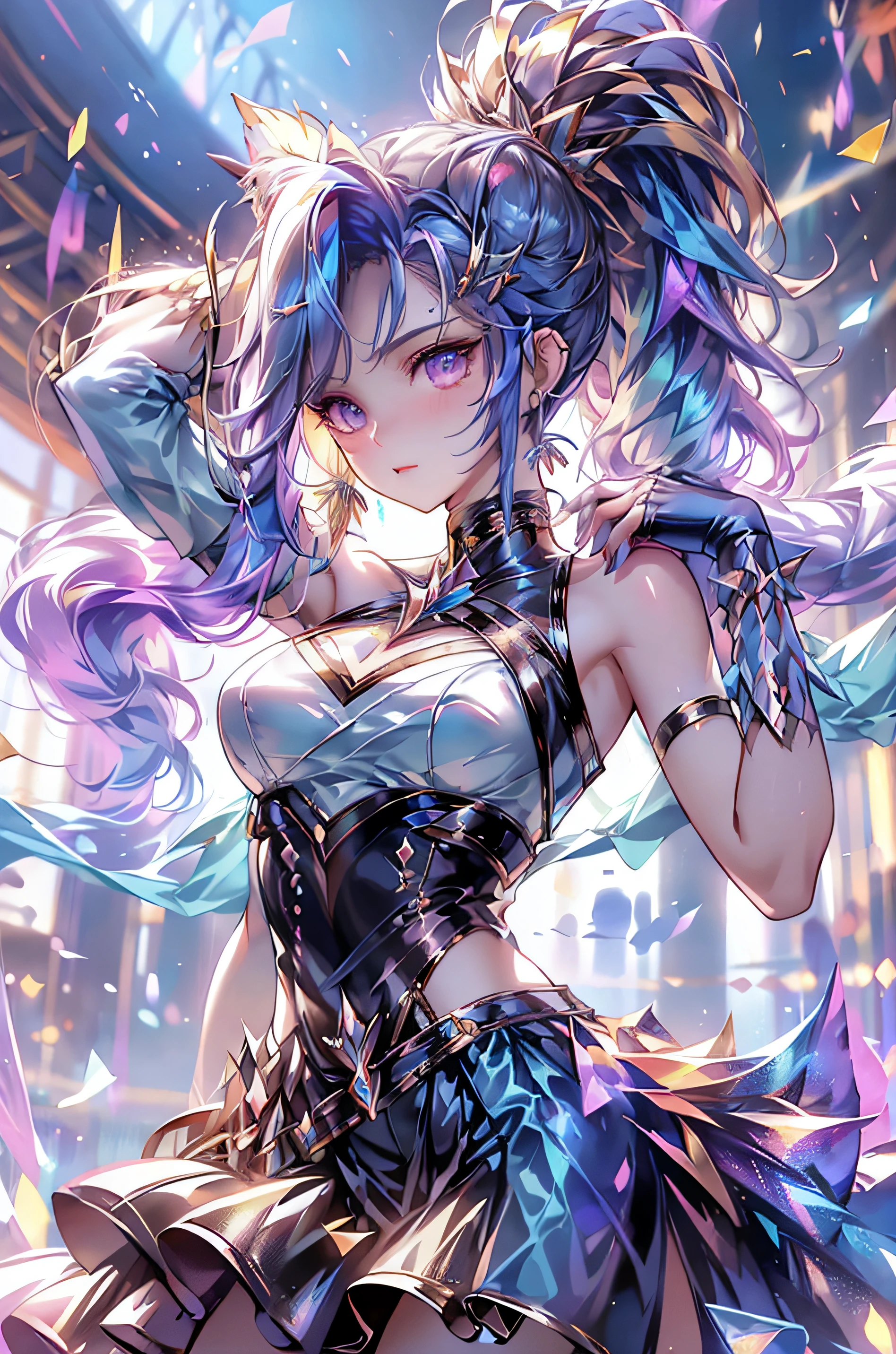 (best quality: 1.2), clean face, (masterpiece: 1.2, 8k) perfect anatomy, 1girl,a beautiful fashion model ,(masterpiece, official art, best quality ,long and shiny hair, blue hair with streaks in hair, long hair, full lips, slender body, slim body big breasts, looking at viewer, revealing outfit, absurdity, intricate details, dynamic pose, club, , wearing short shorts and a tight white top, cleavage, torn clothes, thong straps, ponytail, coquettish expression