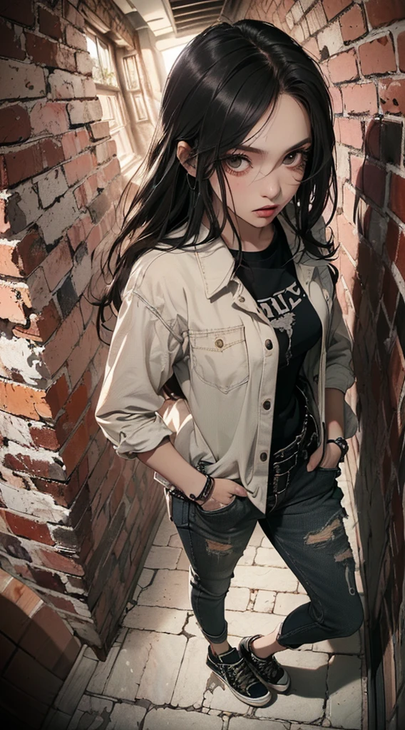 (((8k wallpaper of extremely detailed CG unit:1.2, ​masterpiece, hight resolution:1.2, top-quality:1.2, masutepiece))), ((a very beautiful woman, grunge style, Grunge Fashion, Wearing shoes, Hands in pockets:1.8)), ((extra detailed face, Highly detailed black eyes, extra detailed body, Top quality real texture skins)), (A dark-haired, The long-haired, de pele branca, Small:1.2), ((surrounded by a brick wall)), (high-angle:1.2, a closeup, Fisheye:1.4), hyper realisitic, digitial painting,