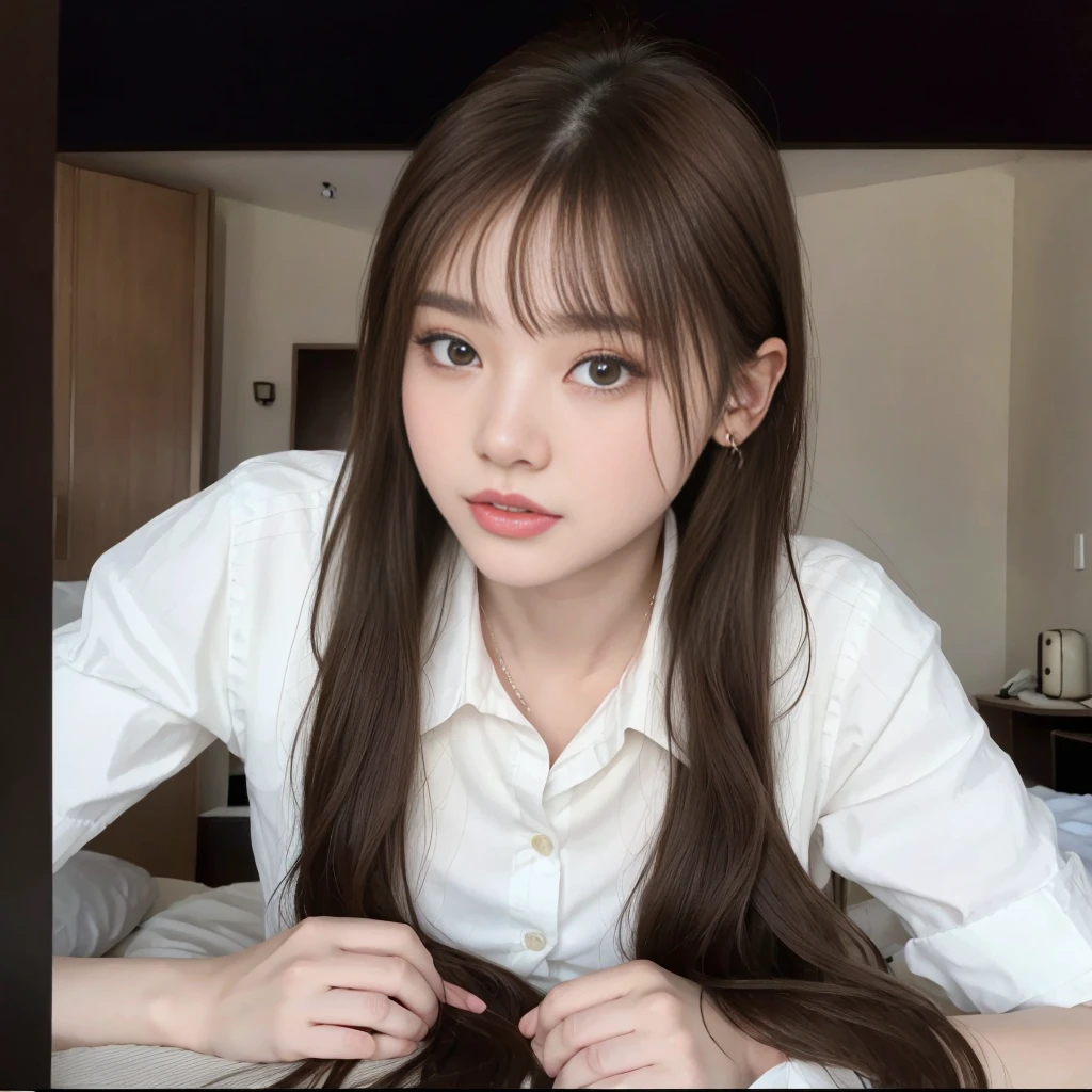 Best quality,tmasterpiece,超高分辨率,(realistically:1.4),RAW photos,1个Giant Breast Girl,hair pin,耳Nipple Ring,jewely,Brown hair,looking at viewert,Open lips,Playful,Face slightly sideways,Bust photo,white shirt