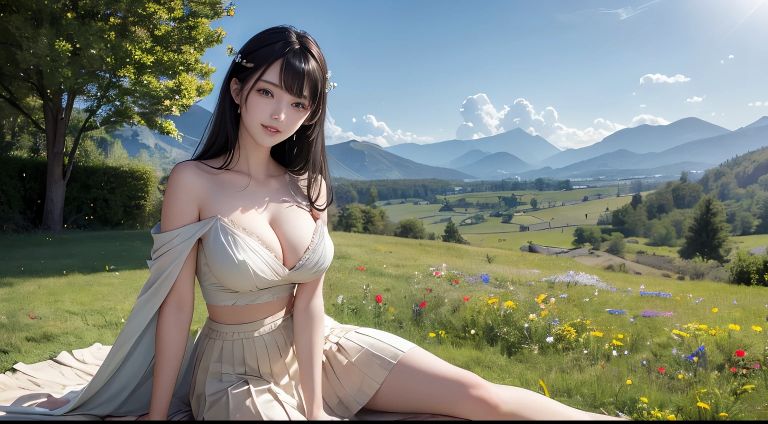 (5 female students), bright smiles, beautiful mouths, (Bare shoulders), big breasts, pleated skirt, blonde hair, black hair, long brown hair, bangs, sitting on a lawn full of wildflowers, with a view of the hills in the background mountains, good lighting(Best quality, Super detailed), (Heavenly starlight), (Wrapped in light), (Beautiful and mysterious),