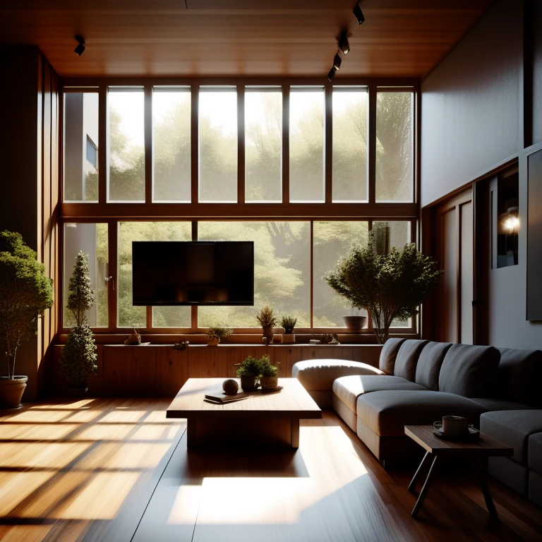Interior design,insanely detailed wide angle architecture photography, cozy contemporary living room,(bright warm sunlight 1:0.1), award-winning contemporary interior design, scenery, table, chair, indoors, wooden floor, window, restaurant, east asian architecture, sliding doors, lamp, architecture, forest, nature, cup, girl，TV，plant,INTERIOR DESIGN,intersting lights and shadows, Depth of Field,low light,，