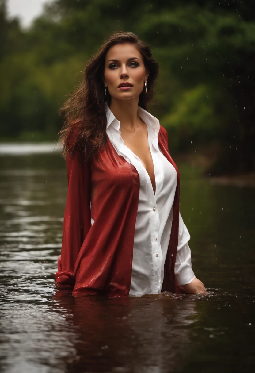 A pretty woman half naked, She is wet from the rain. You can see her breast through her white blouse