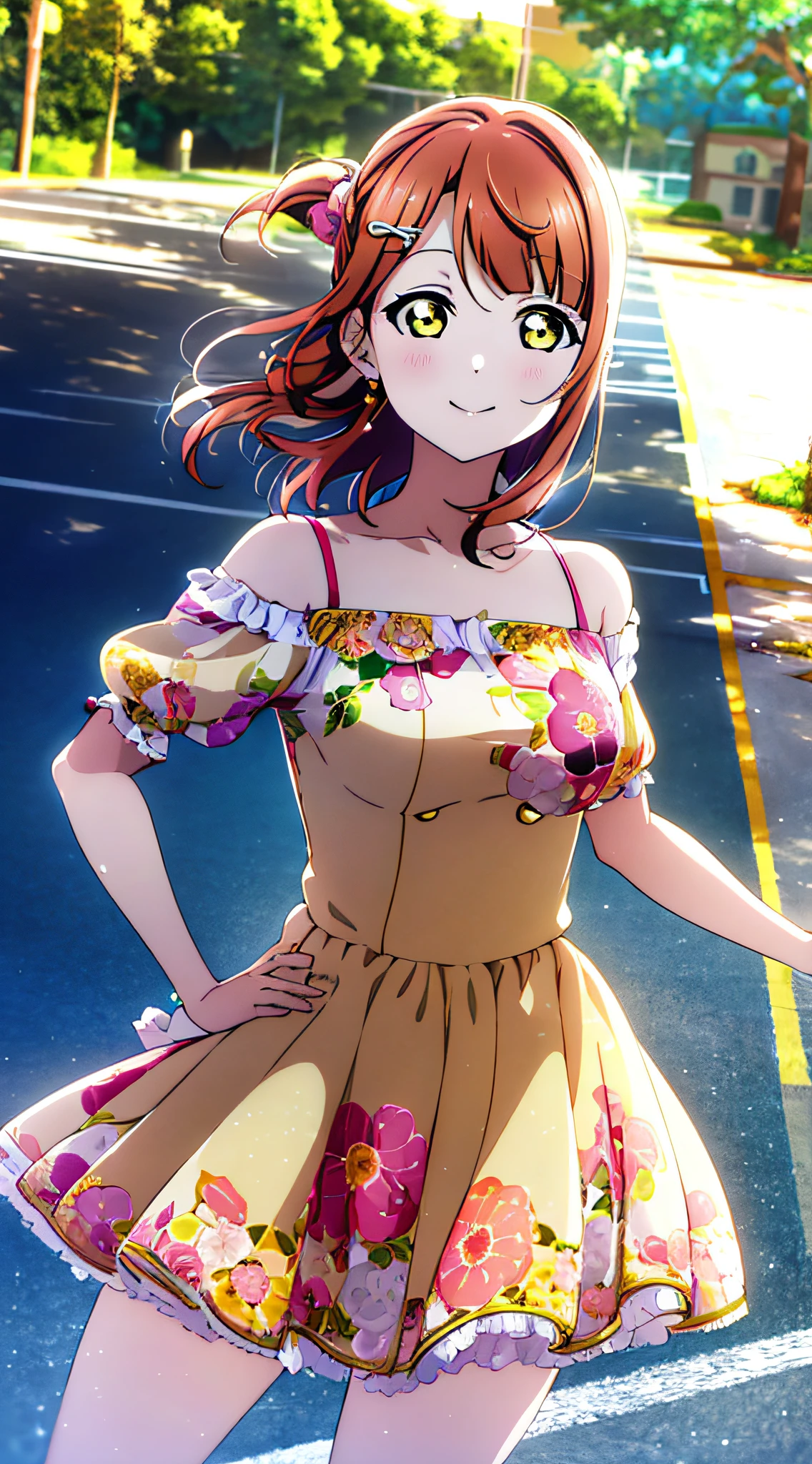 (best quality), (HD),high quality, best quality, masterpiece, ayumu uehara, 1girl, Anime-style color grading, bushiroad studio coloring style, yellow eyes, medium hair, (down hair), smilling, thighs,  ((in front of house:1.2)), sunny day, hands