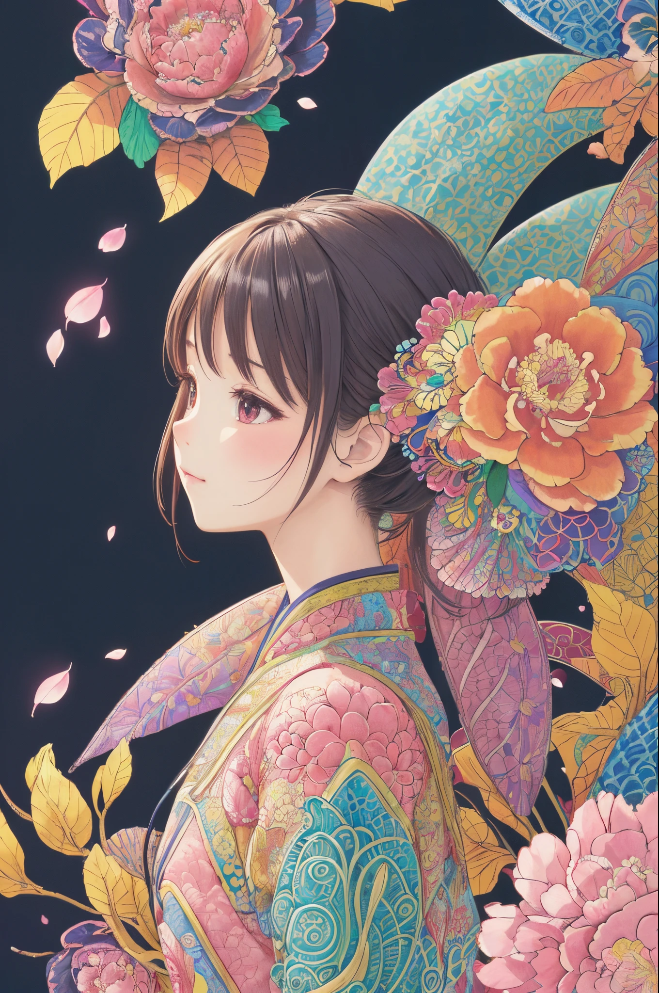 (1girl in、独奏、from side)、ighly detailed、(abstract background、Zentangle、Fractal art:1.3)、(many colors、colourfull:1.1)、(pluma、flower petals、florals:1.3)、dynamicposes、耳Nipple Ring(masterpiece、top-quality、hight resolution:1.4)、detaileds、intricate-detail、4K、color splashes、Line Art、art by、Fibonacci、