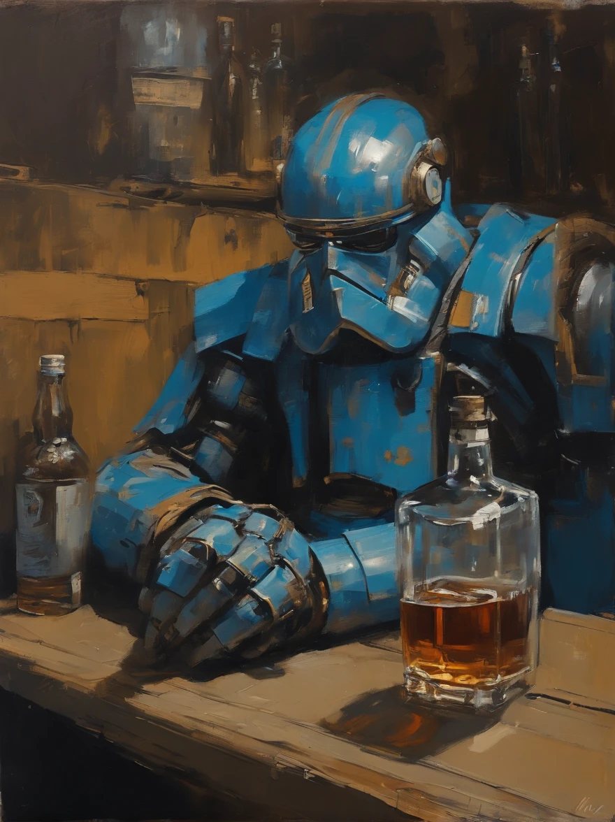 Ashley Wood(Ashley Wood)Realistic paintings created in Van Gogh's unique style,Drawn ((Blue rusty cyborg drinking whiskey in a post-apocalyptic bar)),