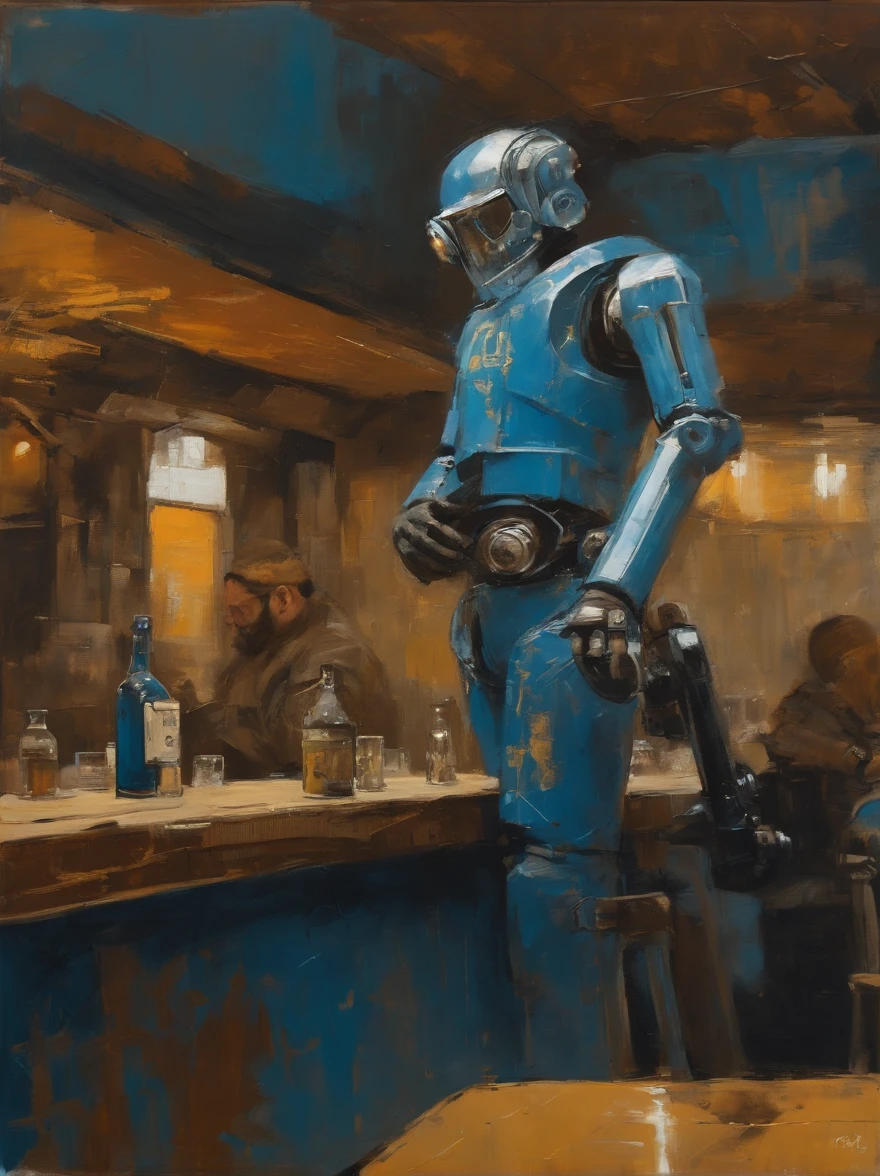 Ashley Wood(Ashley Wood)Realistic paintings created in Van Gogh's unique style,Drawn ((Blue rusty cyborg drinking whiskey in a post-apocalyptic bar)),