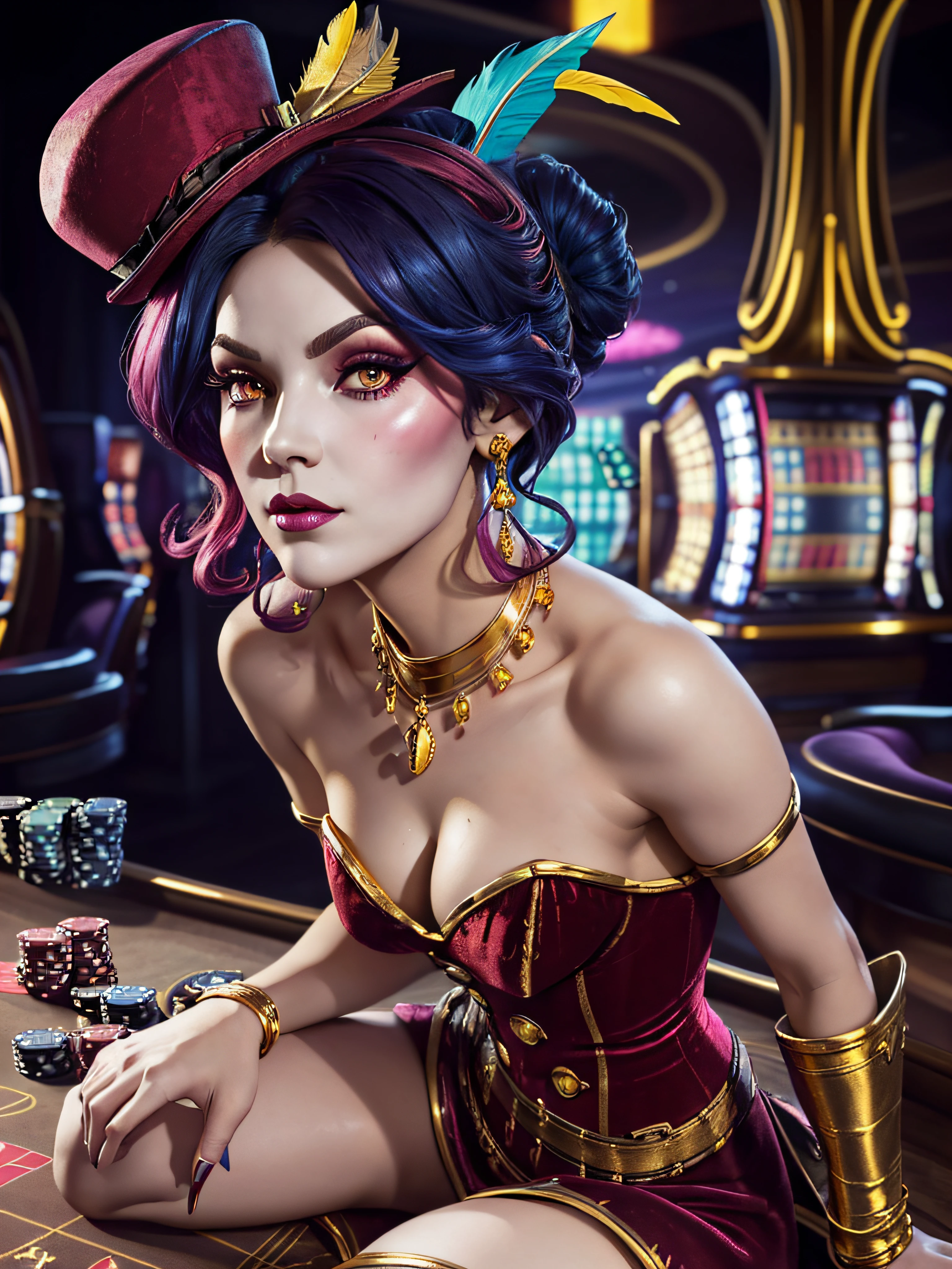 "(exquisitely detailed CG unity 8k wallpaper, masterpiece-quality with stunning realism), (best illumination, best shadow), (best quality), (elegant style:1.2), Arti modern anime. angled view, heroic pose, midshot, (cel-shading style:1.3), centered image, ultra detailed closeup portrait of Mad Moxxi from Borderlands, posing, (face closeup:1.6) (full body:1), (foreshortening effect:1) (tetradic colors), inkpunk, (ink lines:1.1), strong outlines, art by MSchiffer, bold traces, unframed, high contrast, (cel-shaded:1.1), vector, 32k resolution, best quality, flat colors, flat lights full zoom, action portrait, photorealistic. cinematic lighting, highly detailed. best quality, 4k, (Better hand:1),perfect anatomy, leaning forward, foreshortening effects, coy flirty sexy expression, foreshortening effect, (piercing eyes:1), surrounded by an ominous and dark atmosphere, accentuated by dramatic and striking lighting, imbued with a sense of surreal fantasy". (mature:0.5) (sitting on a pile of gold coins:1.2) vibrant colours, (small mini red velvet top hat with a blue and yellow feather:1.3), (white face makeup with pink cheek makeup:1.3) (gold coins and treasure:1) (gold coins scattered:1) (sexy sultry flirty expression:1) (white high heel boots:1.2) (elegantly crossing legs sitting:1) (red corset:1) (in a casino:1.5)