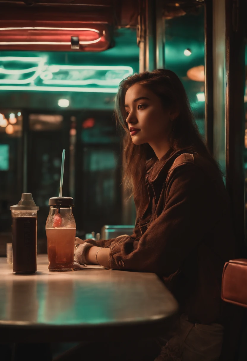 (Ai Onmi Aina's picture(alena aenami)grainy digital painting style,It depicts a rebellious teenage girl sitting alone in a shabby dystopian restaurant.: 1.2), (her clothes were tattered,Styles include patches and pins,to show her defiance: 1.1), (the restaurant was empty,Only one robot attendant,The neon lights outside、It barely illuminated the booth she was sitting in.。: 1.3), (Her eyes are listening to forbidden songs on an antique mp3 player,The eyes are strongly focused on the dirty window。: 1.0), (A half-drunk coffee and a worn-out paperback were forgotten on the table.,she's planning her next provocation。: 0.9), 8K, hyper HD.