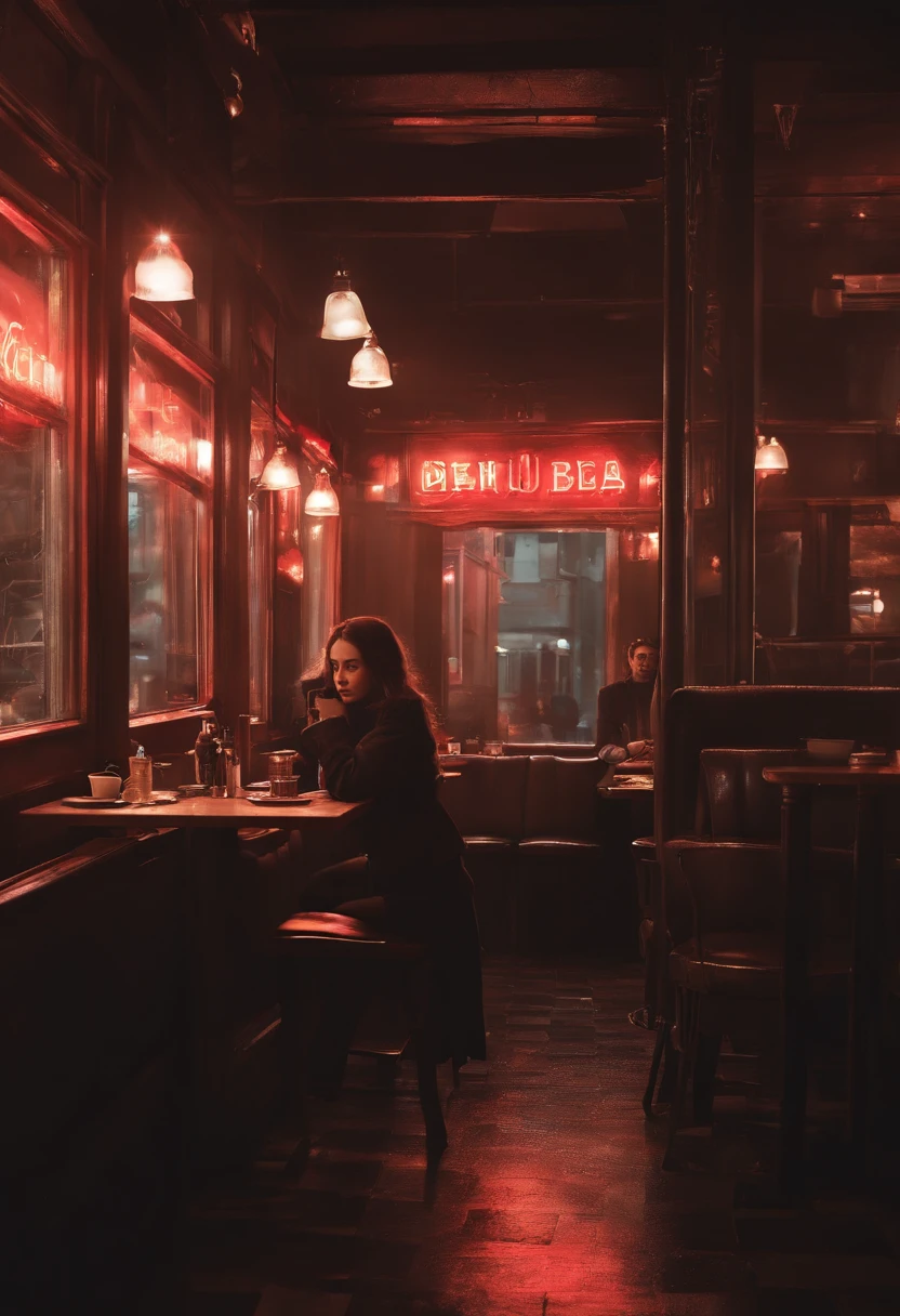 (Ai Onmi Aina's picture(alena aenami)grainy digital painting style,It depicts a rebellious teenage girl sitting alone in a shabby dystopian restaurant.: 1.2), (her clothes were tattered,Styles include patches and pins,to show her defiance: 1.1), (the restaurant was empty,Only one robot attendant,The neon lights outside、It barely illuminated the booth she was sitting in.。: 1.3), (Her eyes are listening to forbidden songs on an antique mp3 player,The eyes are strongly focused on the dirty window。: 1.0), (A half-drunk coffee and a worn-out paperback were forgotten on the table.,she's planning her next provocation。: 0.9), 8K, hyper HD.
