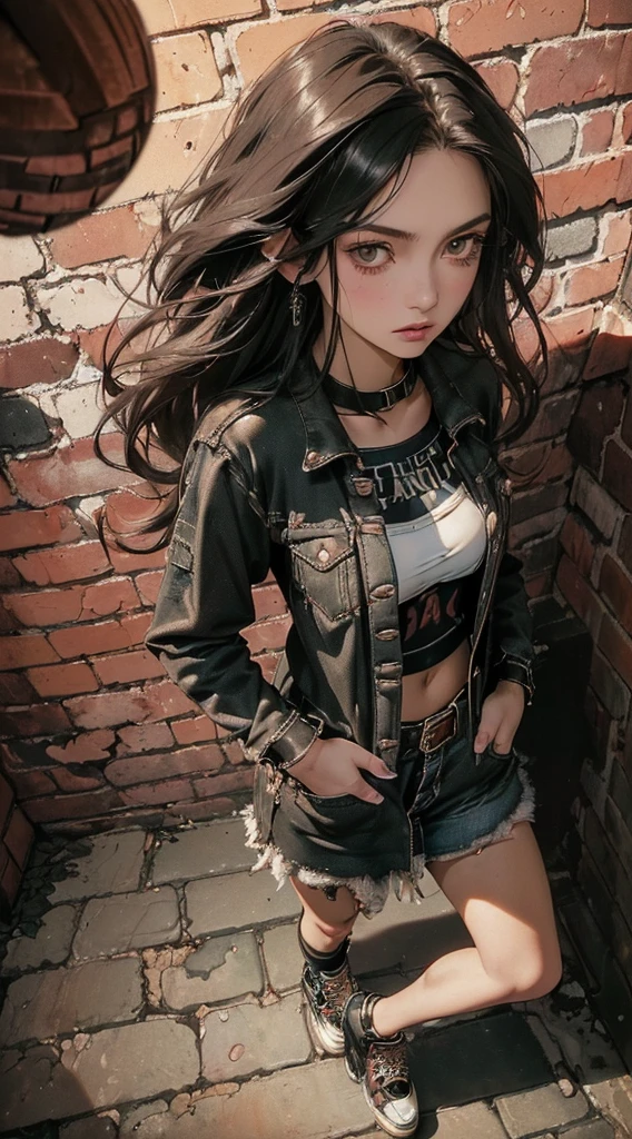 (((8k wallpaper of extremely detailed CG unit:1.2, ​masterpiece, hight resolution:1.2, top-quality:1.2, masutepiece))), ((a very beautiful woman, grunge style, Grunge Fashion, Wearing shoes, Hands in pockets:1.8)), ((extra detailed face, Highly detailed black eyes, extra detailed body, Top quality real texture skins)), (A dark-haired, The long-haired, de pele branca, Small:1.2), ((surrounded by a brick wall)), (high-angle:1.2, a closeup, Fisheye:1.4), hyper realisitic, digitial painting,