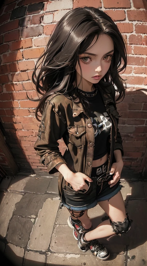 (((8k wallpaper of extremely detailed CG unit:1.2, masterpiece, hight resolution:1.2, top-quality:1.2, masutepiece))), ((a very beautiful woman, grunge style, Grunge Fashion, Wearing shoes, Hands in pockets:1.8)), ((extra detailed face, Highly detailed black eyes, extra detailed body, Top quality real texture skins)), (A dark-haired, The long-haired, de pele branca, Small:1.2), ((surrounded by a brick wall)), (high-angle:1.2, a closeup, Fisheye:1.4), hyper realisitic, digitial painting,