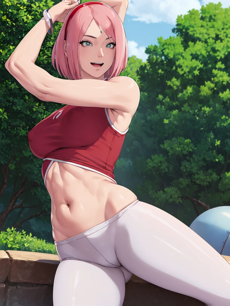 masterpiece, 4k, portrait, cowboy shot, (PLAYGROUND BACKGROUND), professional artwork, intricate details, colorful, digital blending, (ultra detailed body, ultra detail hair, ultra detail face), trending on pixiv, kind smile, best quality, anime style: 1.9, 1girl, hires, haruno sakura, (forehead mark, milf, red hairband, pale skin, (small breasts), short hair, ((red sleeveless dress), white pants), ((navel, belly button), slender body, slender belly, bracelet, pink hair, open mouth, big eyes), smile, beach, wind, floating hair, detailed arms, off-shoulders, broad shoulders, (((both) hands spreading to both sides)), fancy couch, relaxing, laying, talking, looking at the viewer))), (((flexing))), (((ultra detailed arms)))). (((curvy: 1.2)))