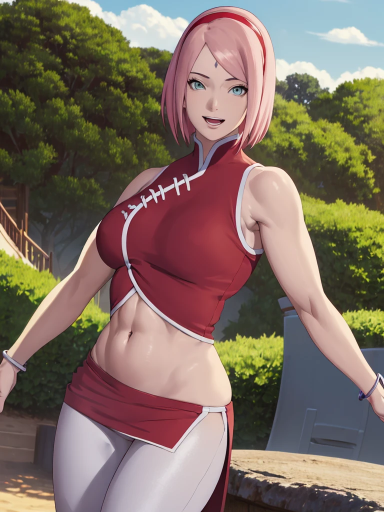 masterpiece, 4k, portrait, cowboy shot, (PLAYGROUND BACKGROUND), professional artwork, intricate details, colorful, digital blending, (ultra detailed body, ultra detail hair, ultra detail face), trending on pixiv, kind smile, best quality, anime style: 1.9, 1girl, hires, haruno sakura, (forehead mark, milf, red hairband, pale skin, (small breasts), short hair, ((red sleeveless dress), white pants), ((navel, belly button), slender body, slender belly, bracelet, pink hair, open mouth, big eyes), smile, beach, wind, floating hair, detailed arms, off-shoulders, broad shoulders, (((both) hands spreading to both sides)), fancy couch, relaxing, laying, talking, looking at the viewer))), (((flexing))), (((ultra detailed arms)))). (((curvy: 1.2)))