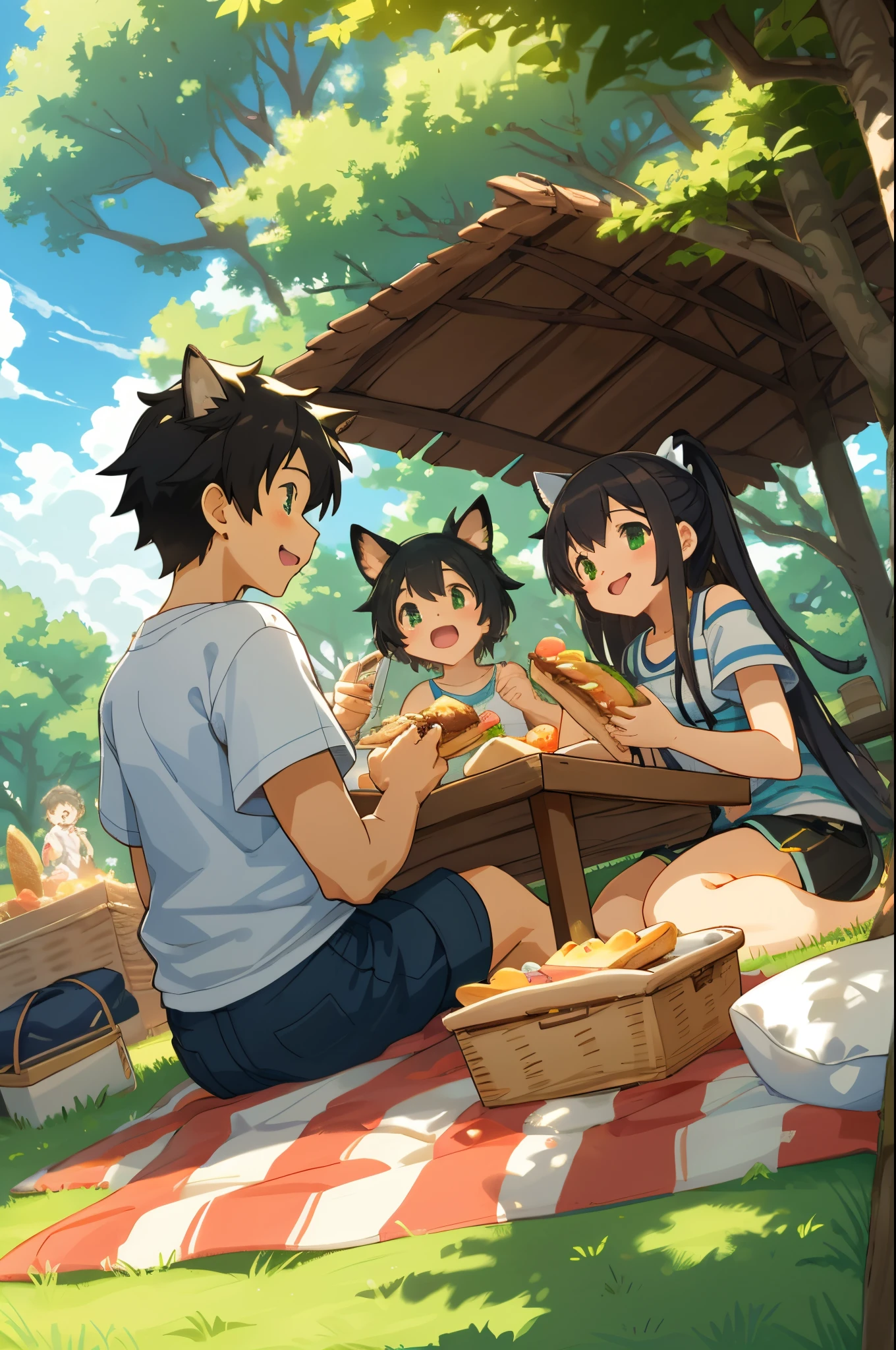 cover page, anime key visual, highres, top quality, best quality, paid reward available, High-quality illustrations, unparalleled masterpiece, perfect artwork, absurdres(heartwarming family picnic scene)(in a lush green park)(kemono family with two parents of diverse descents and a child)perfect anatomy, sitting on a colorful blanket, parents smiling and taking out food from a picnic basket, child reaching for a sandwich, cheerful and relaxed atmosphere, bright sunny day, trees in the background, fan-created work shared on platforms Pixiv or Twitter, cinematic lighting, dynamic angle,