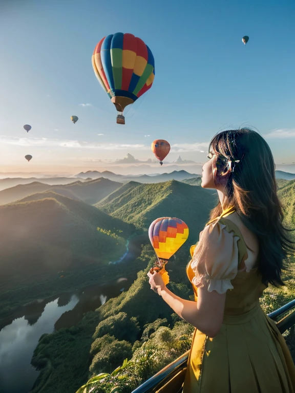 ((top-quality、in 8K、​masterpiece:1.3、Raw photo))、((Japanese female idol riding a hot air balloon overlooking the jungle below)), Super high quality photos, Hot air balloon flying high above the vast jungle, Under the balloon is a vast tropical jungle, (Photorealistic: 1.4), (hyper realisitic: 1.4), (Realistic: 1.3), (Smooth lighting: 1.05), (Improved film illumination quality: 0. 9), 32K, (Quality Improvement: 1.4), Cinematic lighting、((Hot air balloon flying high above the vast jungle)), ((Japanese female idol riding a hot air balloon overlooking the jungle below)), ((Perfect beauty)), ((Slim and beautiful proportions)), ((evening)),