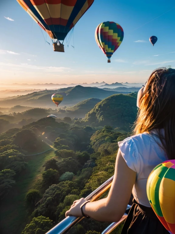 ((top-quality、in 8K、​masterpiece:1.3、Raw photo))、((Japanese female idol riding a hot air balloon overlooking the jungle below)), Super high quality photos, Hot air balloon flying high above the vast jungle, Under the balloon is a vast tropical jungle, (Photorealistic: 1.4), (hyper realisitic: 1.4), (Realistic: 1.3), (Smooth lighting: 1.05), (Improved film illumination quality: 0. 9), 32K, (Quality Improvement: 1.4), Cinematic lighting、((Hot air balloon flying high above the vast jungle)), ((Japanese female idol riding a hot air balloon overlooking the jungle below)), ((Perfect beauty)), ((Slim and beautiful proportions)), ((evening)),