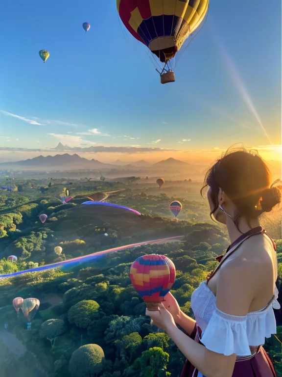 ((top-quality、in 8K、masterpiece:1.3、Raw photo))、((Japanese female idol riding a hot air balloon overlooking the jungle below)), Super high quality photos, Hot air balloon flying high above the vast jungle, Under the balloon is a vast tropical jungle, (Photorealistic: 1.4), (hyper realisitic: 1.4), (Realistic: 1.3), (Smooth lighting: 1.05), (Improved film illumination quality: 0. 9), 32K, (Quality Improvement: 1.4), Cinematic lighting、((Hot air balloon flying high above the vast jungle)), ((Japanese female idol riding a hot air balloon overlooking the jungle below)), ((Perfect beauty)), ((Slim and beautiful proportions)), ((evening)),