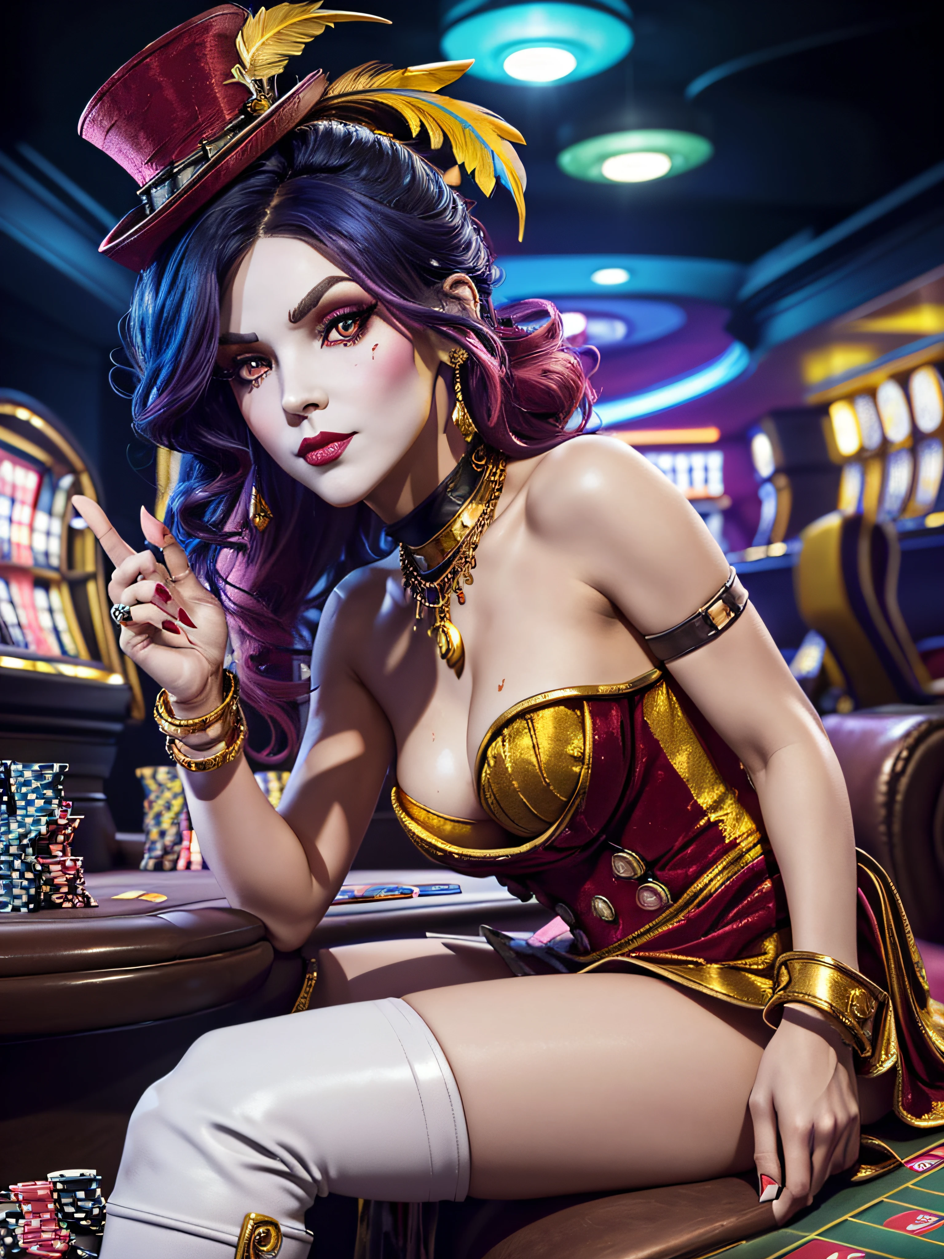 "(exquisitely detailed CG unity 8k wallpaper, masterpiece-quality with stunning realism), (best illumination, best shadow), (best quality), (elegant style:1.2), Arti modern anime. angled view, heroic pose, midshot, (cel-shading style:1.3), centered image, ultra detailed closeup portrait of Mad Moxxi from Borderlands, posing, (face closeup:1.6) (full body:1), (foreshortening effect:1) (tetradic colors), inkpunk, (ink lines:1.1), strong outlines, art by MSchiffer, bold traces, unframed, high contrast, (cel-shaded:1.1), vector, 32k resolution, best quality, flat colors, flat lights full zoom, action portrait, photorealistic. cinematic lighting, highly detailed. best quality, 4k, (Better hand:1),perfect anatomy, leaning forward, foreshortening effects, coy flirty sexy expression, foreshortening effect, (piercing eyes:1), surrounded by an ominous and dark atmosphere, accentuated by dramatic and striking lighting, imbued with a sense of surreal fantasy". (mature:0.5) (sitting on a pile of gold coins:1.2) vibrant colours, (small mini red velvet top hat with a blue and yellow feather:1.3), (white face makeup with pink cheek makeup:1.3) (gold coins and treasure:1) (gold coins scattered:1) (sexy sultry flirty expression:1) (white high heel boots:1.2) (elegantly crossing legs sitting:1) (red corset:1) (in a casino:1.5)