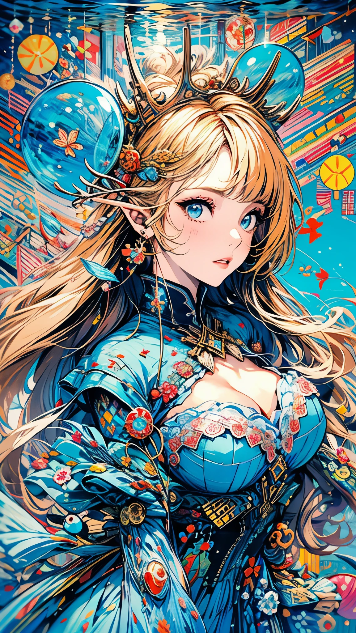 Bubl,Score:safety,Aeris_airbubble,Under water,1个Giant Breast Girl,The fish,long_the hair,submerge,独奏,Eau,A princess,blonde with blue eyes,short_the sleeve,(Impresionismo:1.4),blue color eyes,elvish ears,zelda,jewely,8k,CG
