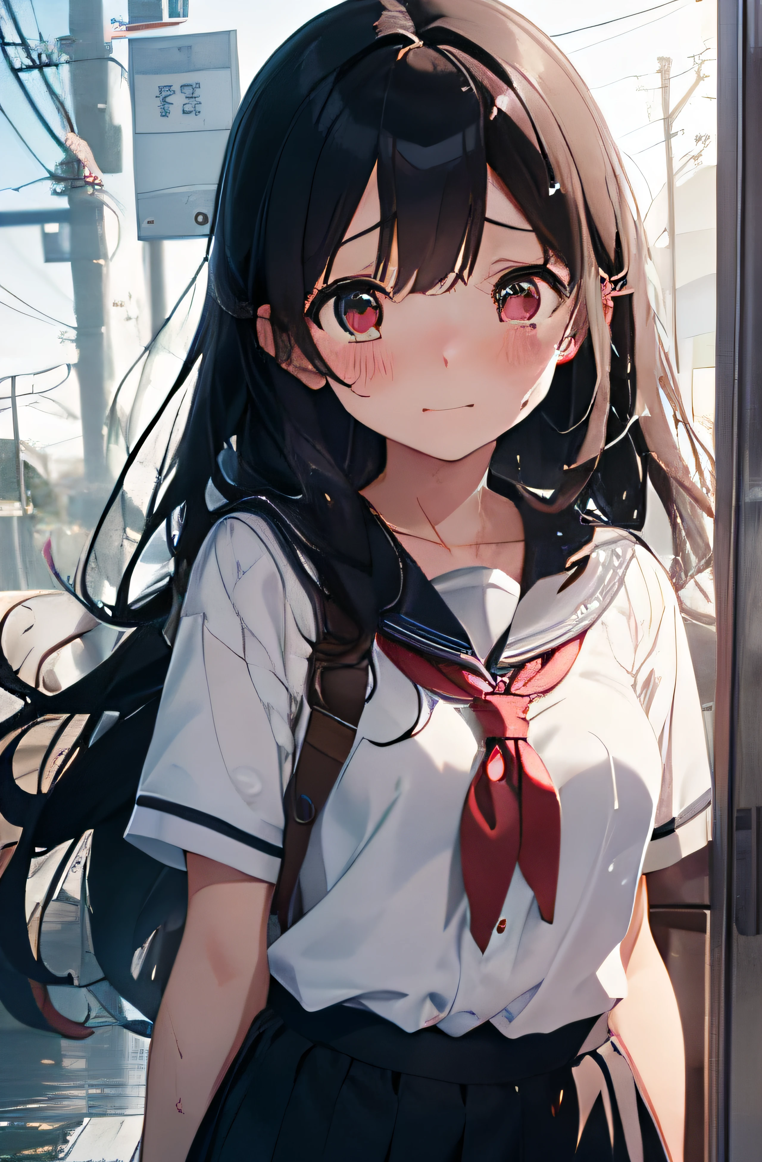  Girl、I got wet from the sudden heavy rain、summer clothing、is standing、His face is red and he&#39;s embarrassed.、My eyes are wet with tears、cloudy ash sky、Sailor uniform、Plain but cute、Long Black Hair、The illustrations are in the style of romance manga or anime.