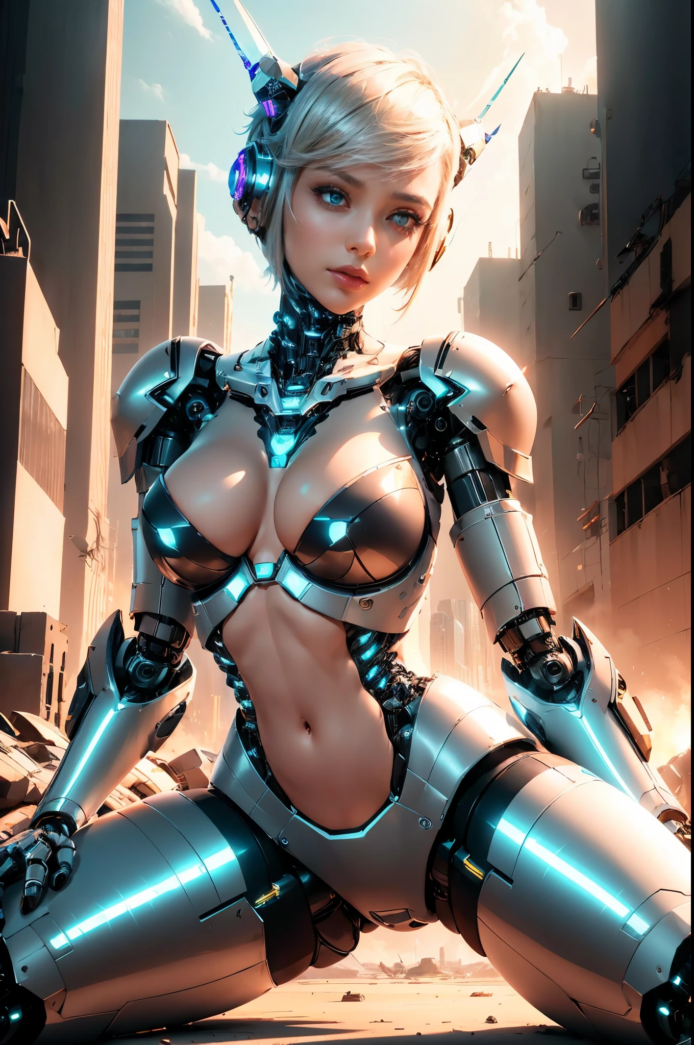 (generate a female robot, short hair, detailed luxury cyber mech armor, pointed finger, spread legs, robotic bra and panty, robotic arms and legs, robotic backbone belly, destroyed city background, beautifull face, pretty face, beautifull eyes, beautifull nose, raytracing, beautifull fingers, beautifull hands, (4 fingers in 1 hand), full body photoshoot, pretty makeup, perfect anatomy, good lighting, professional photoshoot, sharp eye, fresh lips