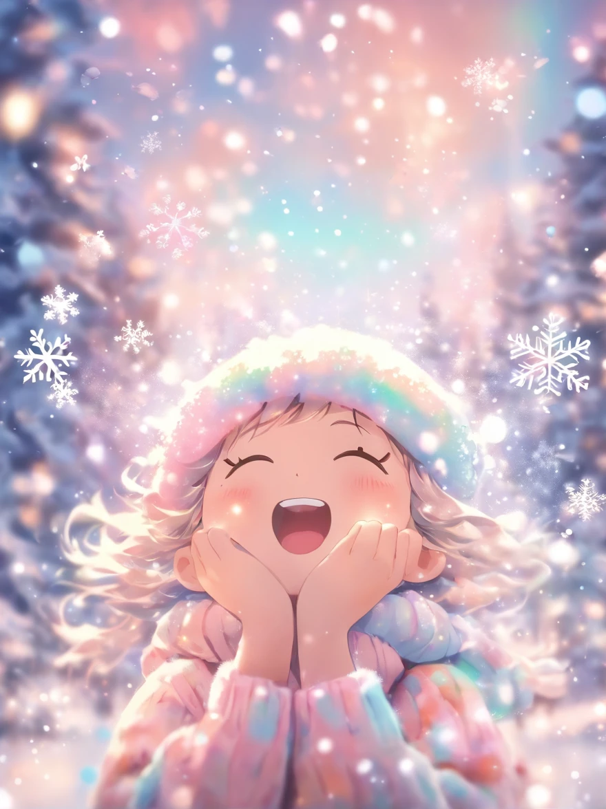 Exhaled breath is white，wearing a pink knitted hat，Looking up at the sky，Snowflakes and stars on pink and blue background, Ayako Rokkaku&#39;pastels, Tumbler, holography, light snowing, pastel faded effect, snowy background, light snowing, background is heavenly, Dancing snowflakes, Snowflower, Gentle background, Background pastels, Shining snow, Snowflower, bokeh rainbow accent, snowflakes falling, magical background