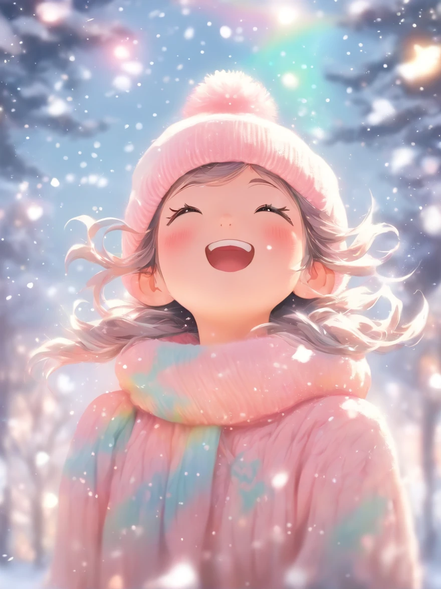 Exhaled breath is white,wearing a pink knitted hat,Looking up at the sky,Snowflakes and stars on pink and blue background, Ayako Rokkaku'pastels, Tumbler, holography, light snowing, pastel faded effect, snowy background, light snowing, background is heavenly, Dancing snowflakes, Snowflower, Gentle background, Background pastels, Shining snow, Snowflower, bokeh rainbow accent, snowflakes falling, magical background