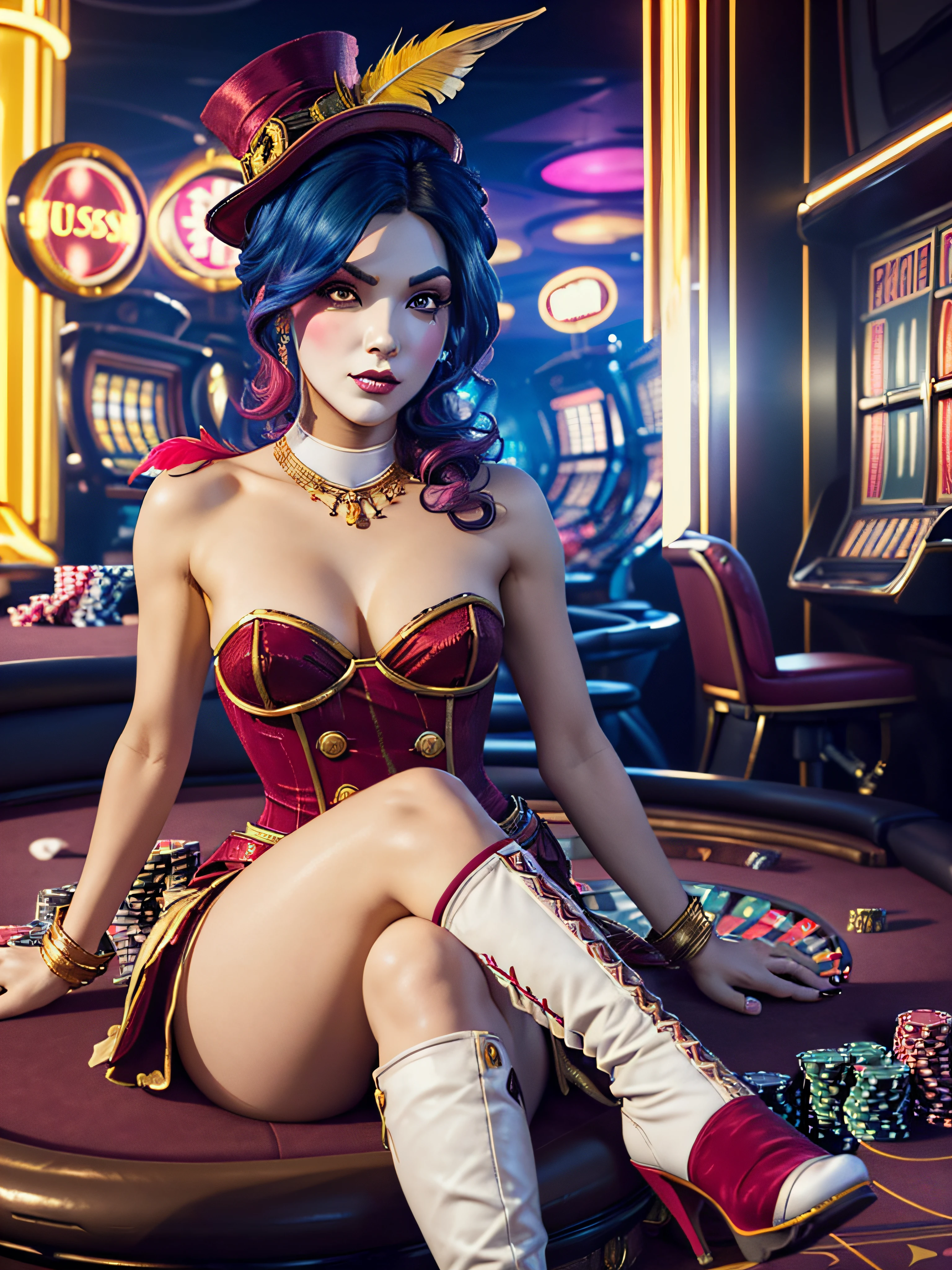 "(exquisitely detailed CG unity 8k wallpaper, masterpiece-quality with stunning realism), (best illumination, best shadow), (best quality), (elegant style:1.2), Arti modern anime. angled view, heroic pose, midshot, (cel-shading style:1.3), centered image, ultra detailed closeup portrait of Mad Moxxi from Borderlands, posing, (face closeup:1.6) (full body:1), (foreshortening effect:1) (tetradic colors), inkpunk, (ink lines:1.1), strong outlines, art by MSchiffer, bold traces, unframed, high contrast, (cel-shaded:1.1), vector, 32k resolution, best quality, flat colors, flat lights full zoom, action portrait, photorealistic. cinematic lighting, highly detailed. best quality, 4k, (Better hand:1),perfect anatomy, leaning forward, foreshortening effects, coy flirty sexy expression, foreshortening effect, (piercing eyes:1), surrounded by an ominous and dark atmosphere, accentuated by dramatic and striking lighting, imbued with a sense of surreal fantasy". (mature:0.5) (sitting on a pile of gold coins:1.2) vibrant colours, (small mini red velvet top hat with a blue and yellow feather:1.3), (white face makeup with pink cheek makeup:1.3) (gold coins and treasure:1) (gold coins scattered:1) (sexy sultry flirty expression:1) (white high heel boots:1.2) (elegantly crossing legs sitting:1) (red corset:1) (in a casino:1.5)