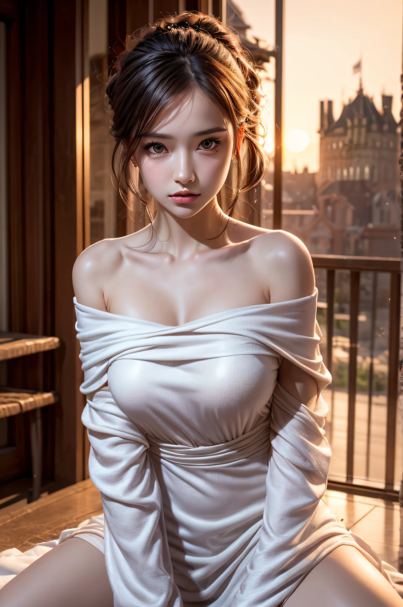 (Best Quality:1.4), (hyper quality), (Ultra-detailed), 1 beautiful girl, Extremely cute, Amazing face and eyes, (beautiful off shoulder gorgeous dress:1.5), (beautiful breasts:1.1), (slender body:1.1), Authentic skin texture, bright and shiny lips, Beautiful Goddess Advent, (sitting, legs spread), pubick hair, cameltoe details, Beautiful background, Golden ratio, conceptual art, Super Detail, ccurate, high details, Anatomically correct, Outdoors, Beautiful jungle, (Giant Castle:1.5), cutting edge, Sexy Art, Open your legs, Surrounded by beautiful sunsets, dazzling lights, Super delicate illustration details, Highly detailed CG integrated 8k wallpapers, RAW Photos, professional photograpy, Cinematic lighting, Super gorgeous illustrations, depth, depth of field, (View from below)
